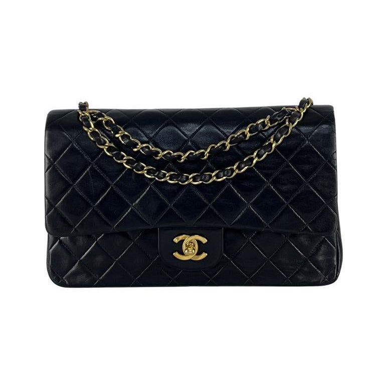 Chanel Timeless Classic Borsa media a doppia patta in pelle d'agnello nera 1994-1996
