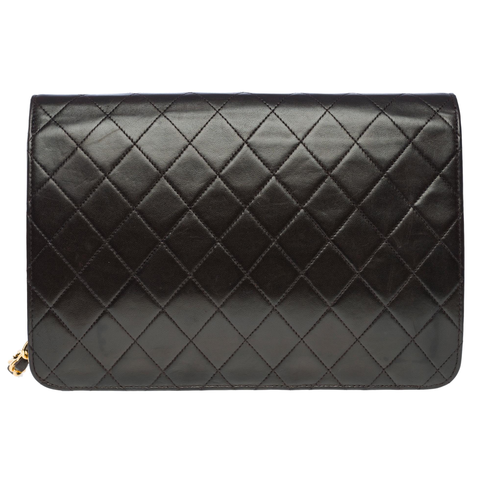 Black Chanel Timeless/Classic Push Lock shoulder flap bag in black quilted lamb , GHW