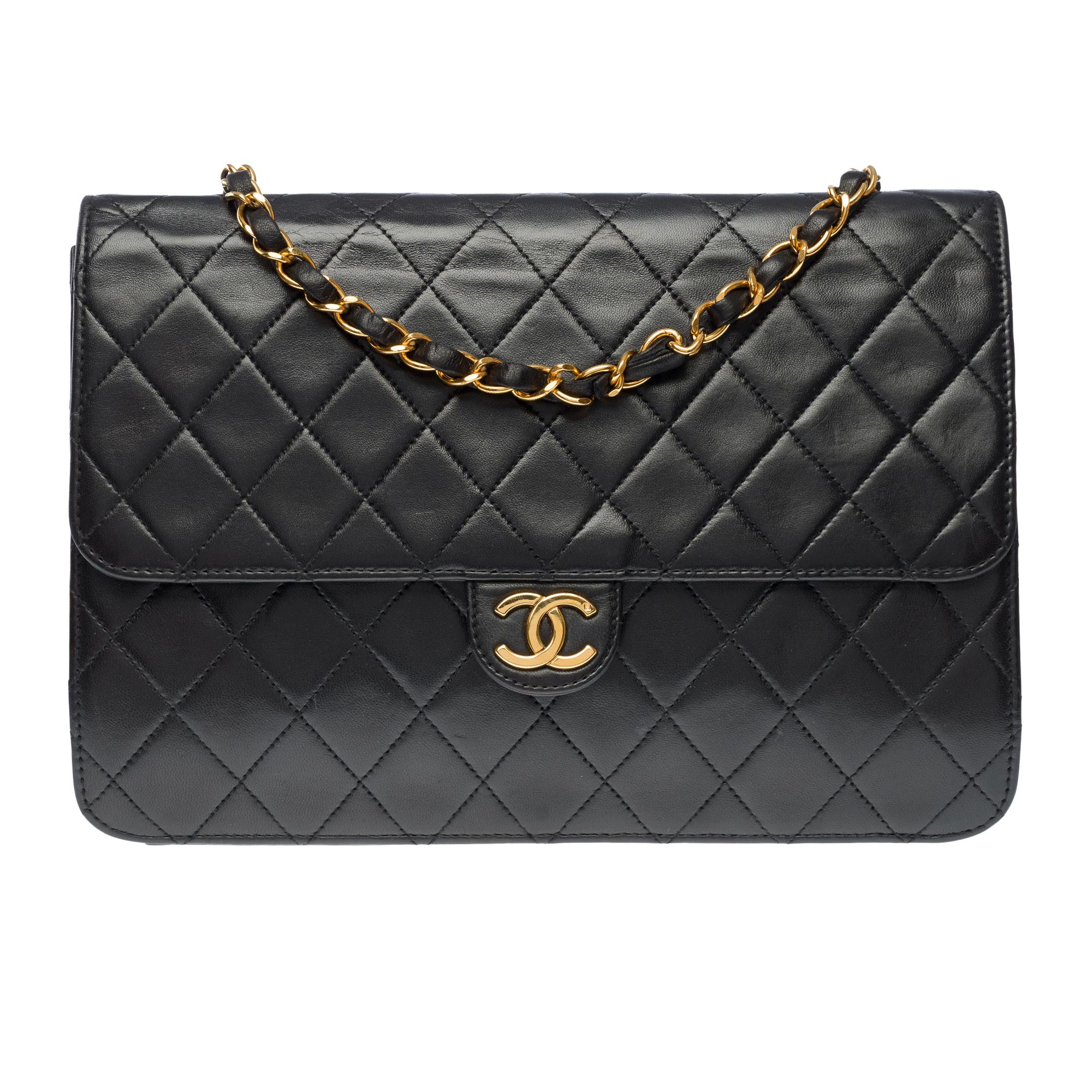 Black Chanel Timeless/Classic Push Lock shoulder flap bag in black quilted lamb , GHW For Sale
