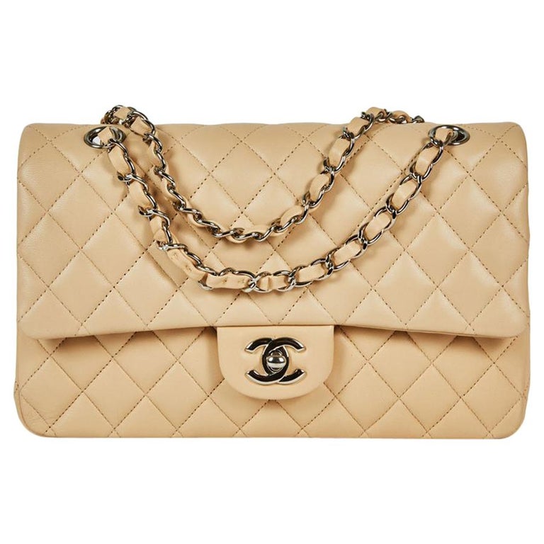 Chanel Timeless Double Flap Bag In Beige Quilted Lamb Leather