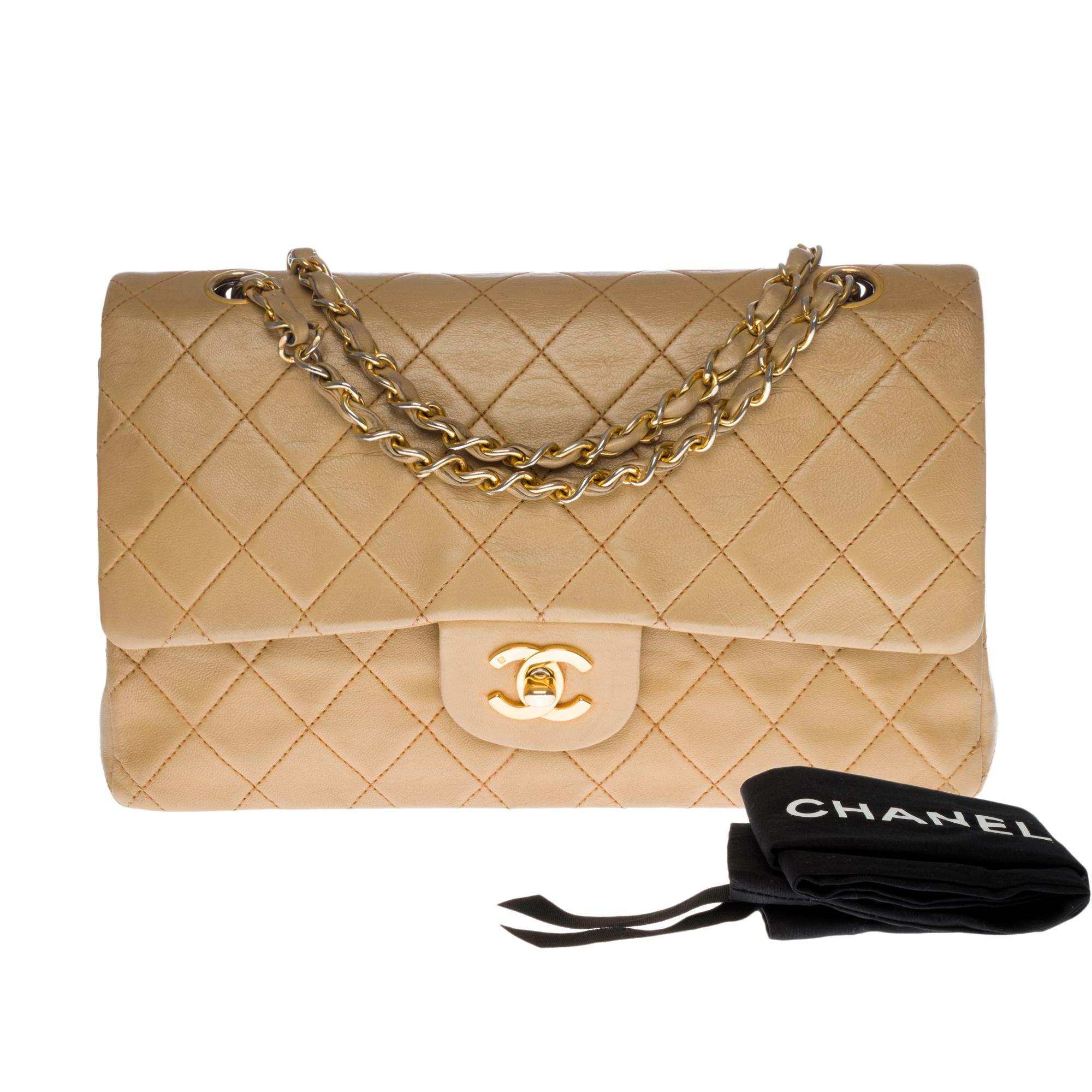 Chanel Timeless double flap Medium Shoulder bag in beige quilted leather, GHW 6