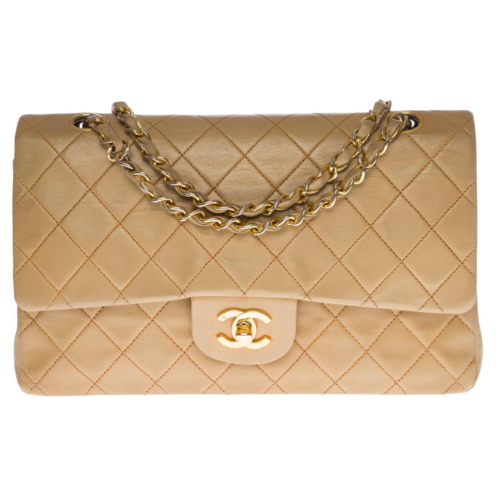 Chanel Timeless double flap Medium Shoulder bag in beige quilted leather, GHW