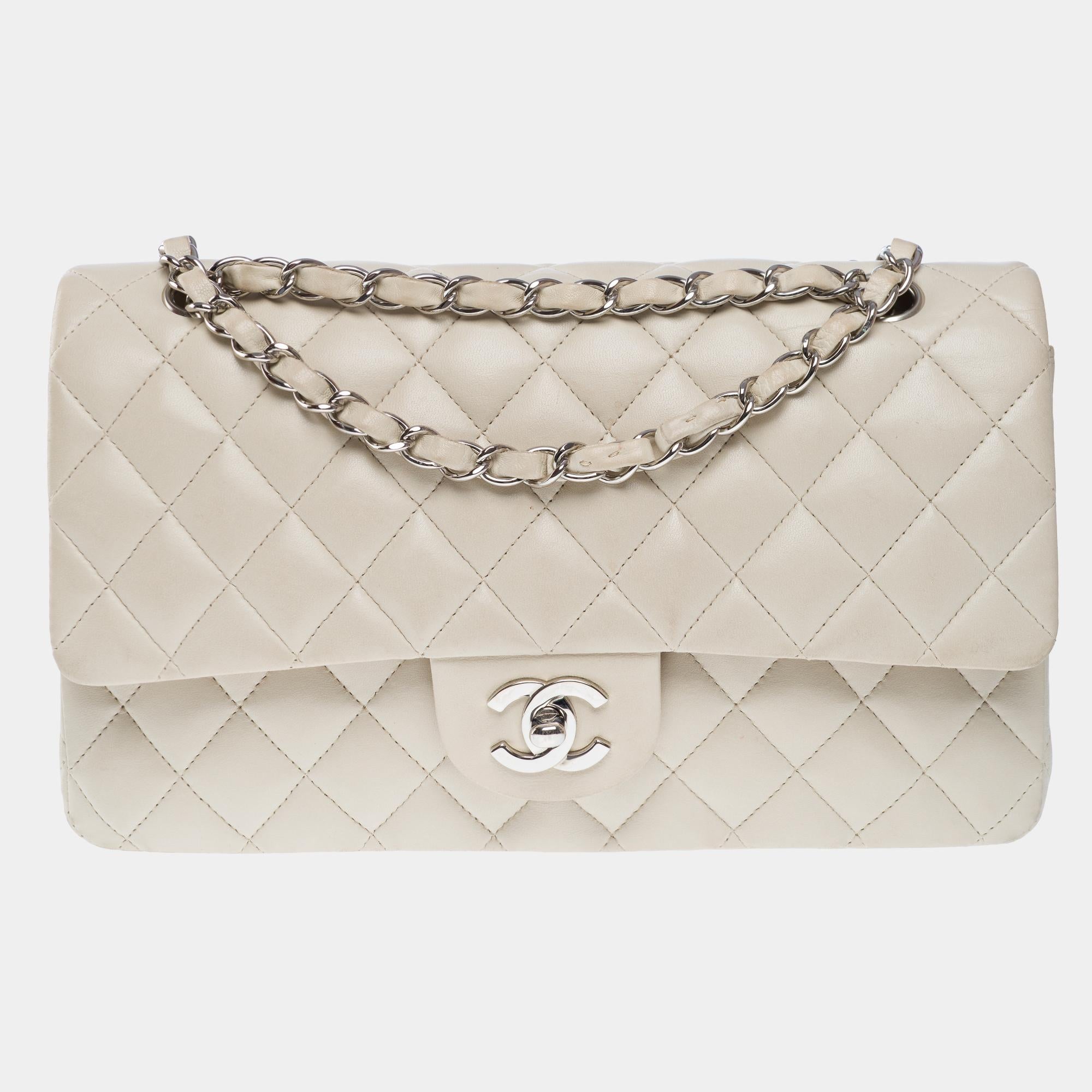 Black Chanel Timeless double flap shoulder bag in Beige lambskin Quilted leather, PHW For Sale