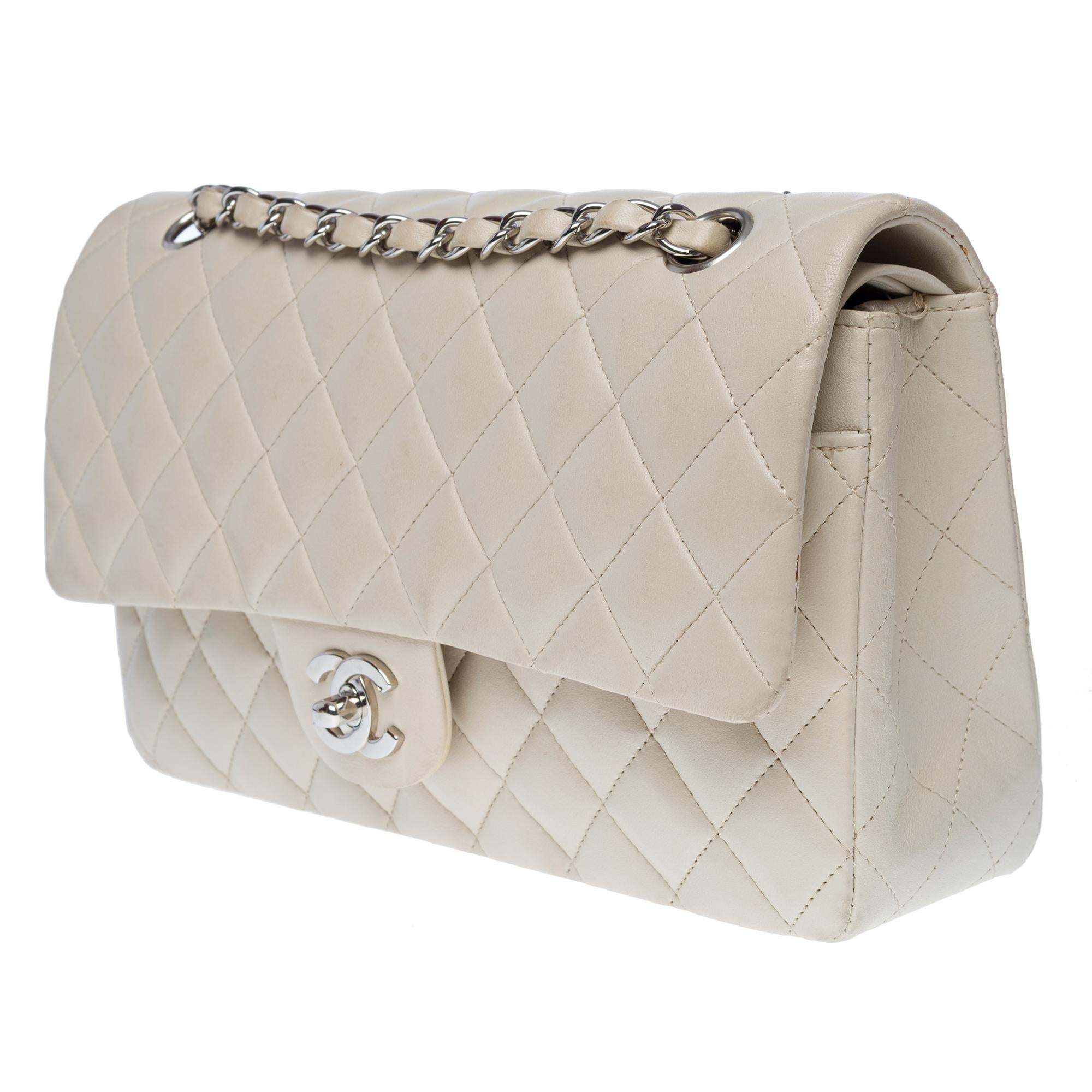 Women's Chanel Timeless double flap shoulder bag in Beige lambskin Quilted leather, PHW For Sale