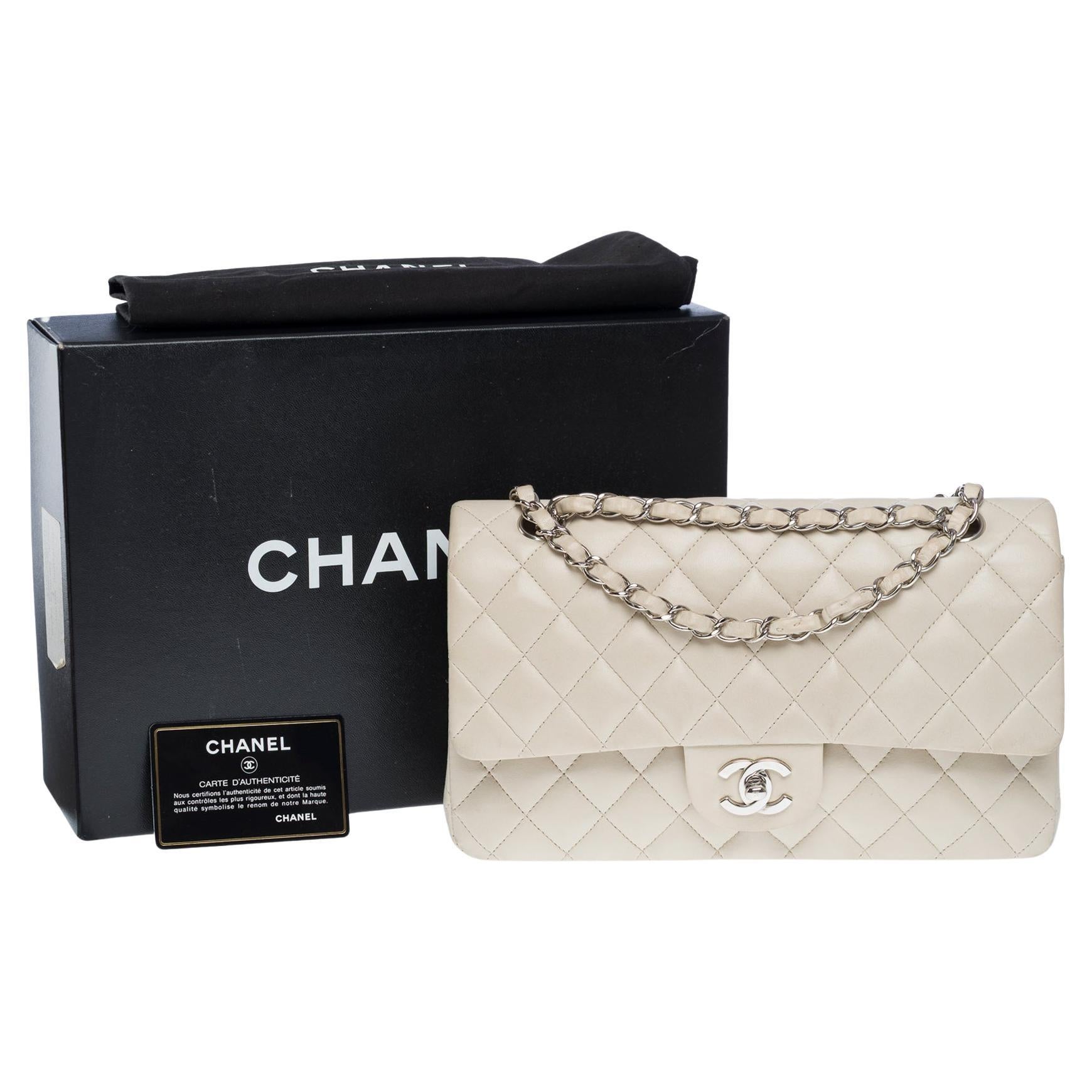 Chanel Timeless double flap shoulder bag in Beige lambskin Quilted leather, PHW For Sale