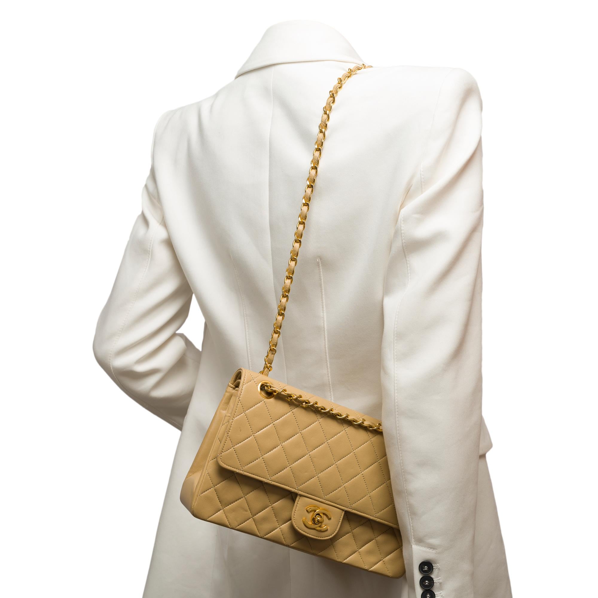 Chanel Timeless double flap shoulder bag in beige quilted lambskin leather, GHW For Sale 8
