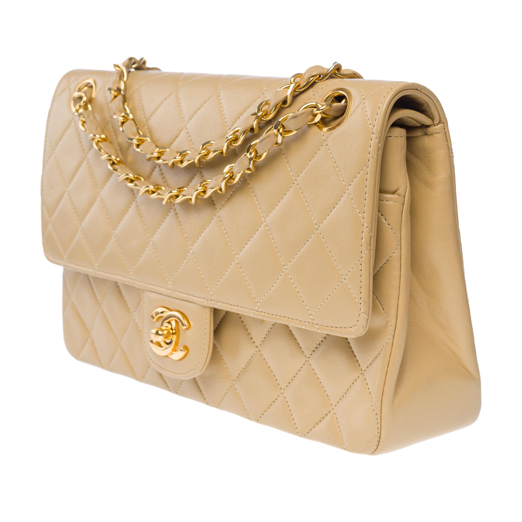 Women's Chanel Timeless double flap shoulder bag in beige quilted lambskin leather, GHW
