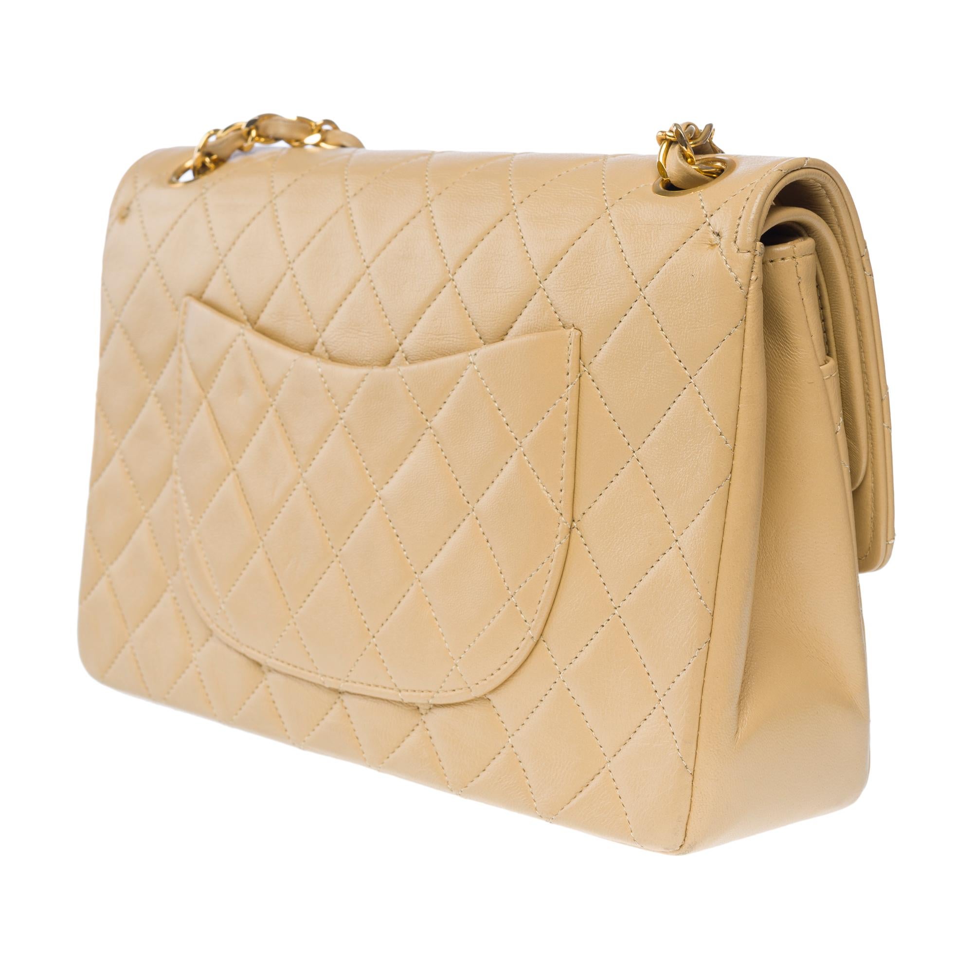 Chanel Timeless double flap shoulder bag in beige quilted lambskin leather, GHW For Sale 1