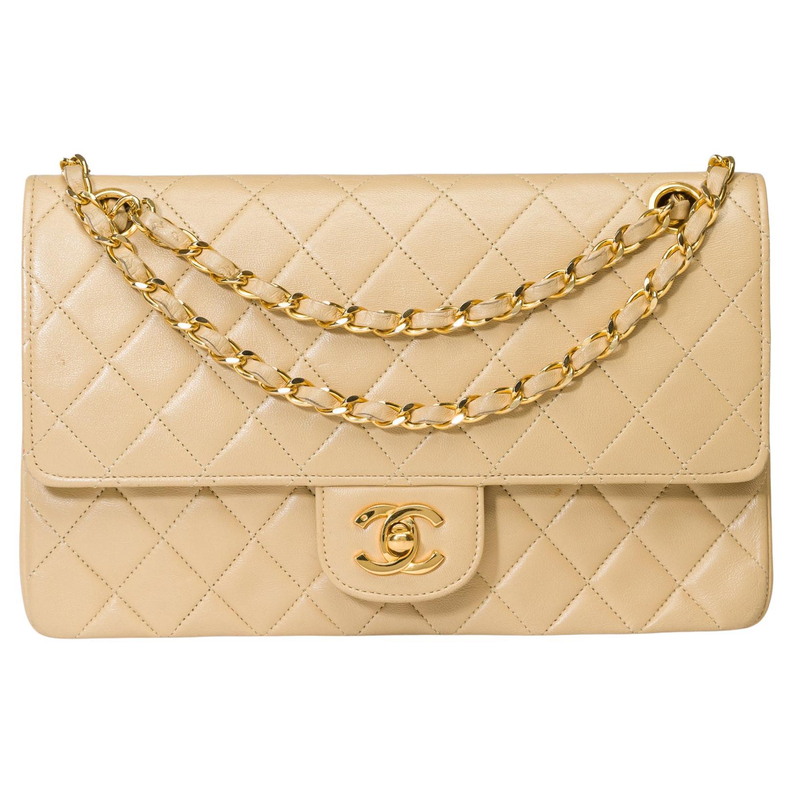 Chanel Timeless double flap shoulder bag in beige quilted lambskin leather, GHW For Sale