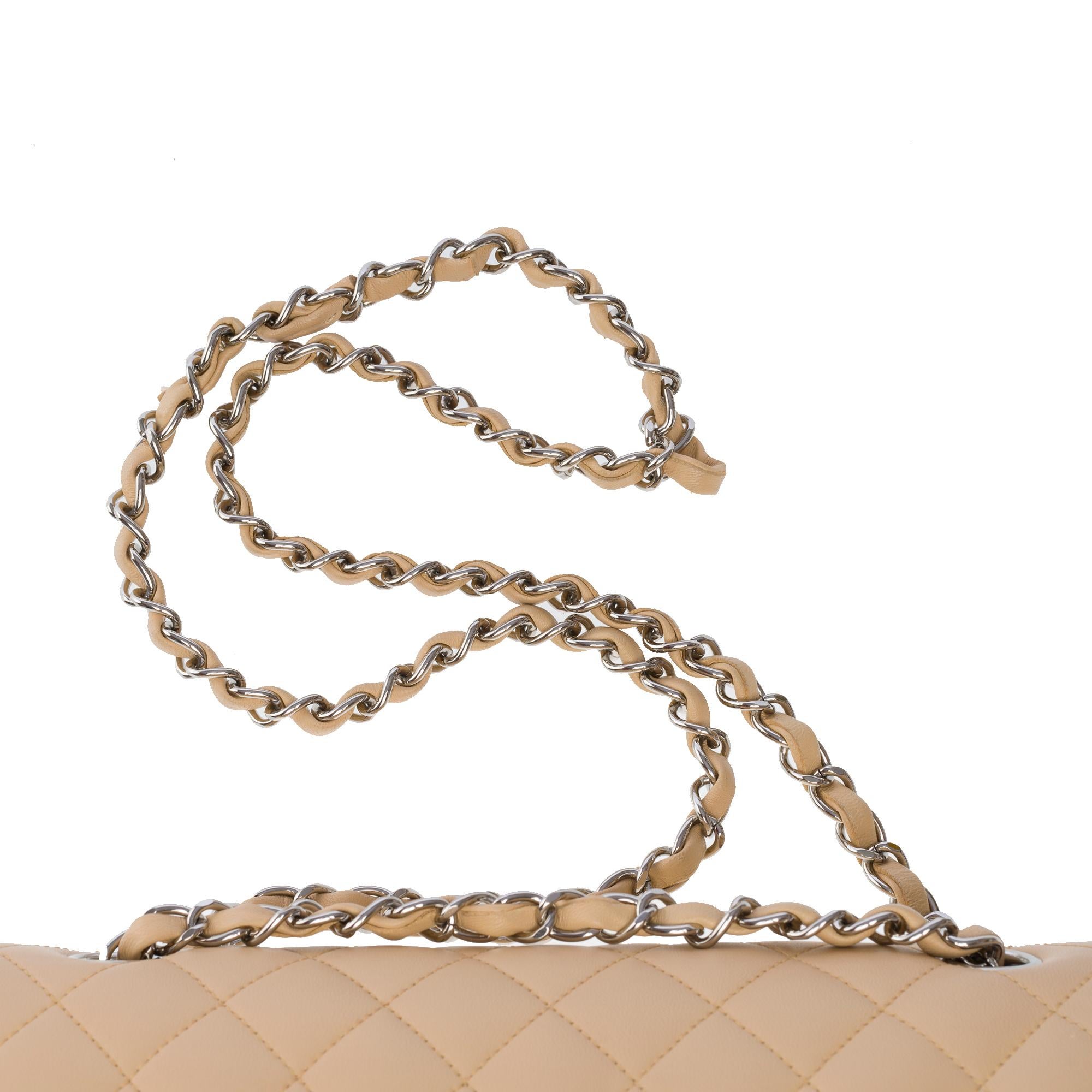 Chanel Timeless double flap shoulder bag in beige quilted lambskin leather, SHW For Sale 6