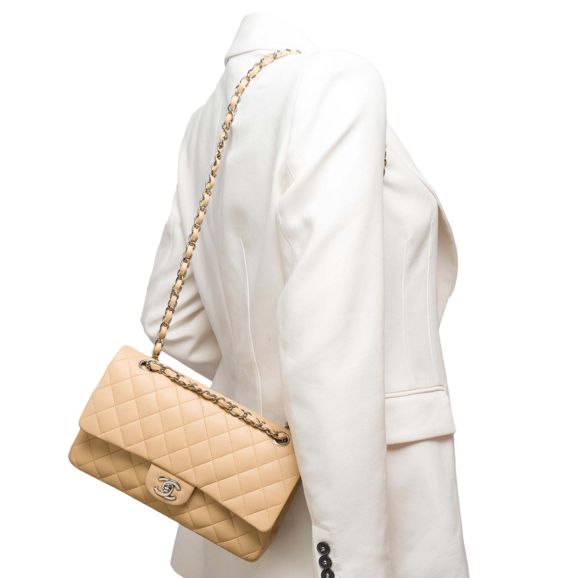 Chanel Timeless double flap shoulder bag in beige quilted lambskin leather, SHW For Sale 9