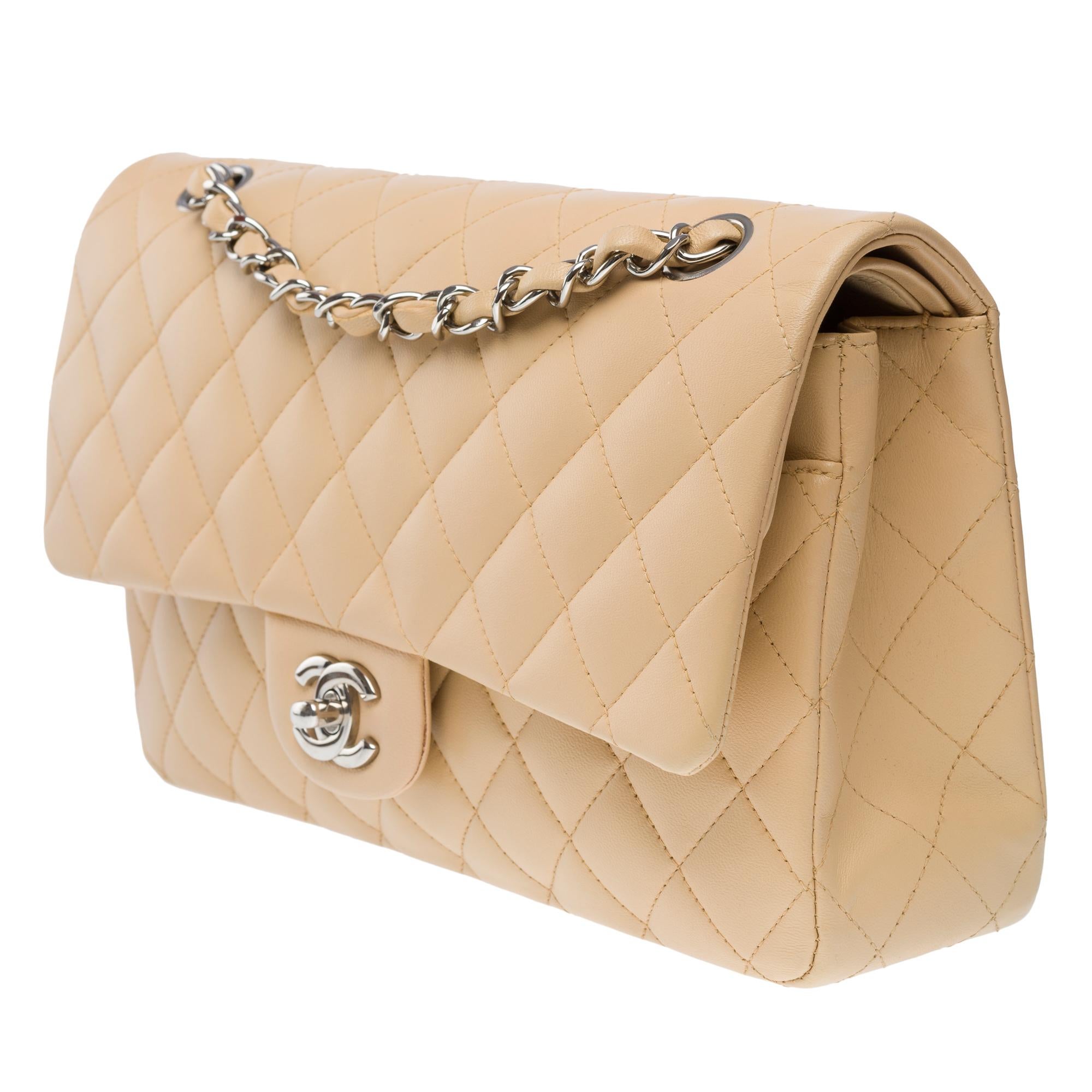 Chanel Timeless double flap shoulder bag in beige quilted lambskin leather, SHW For Sale 1