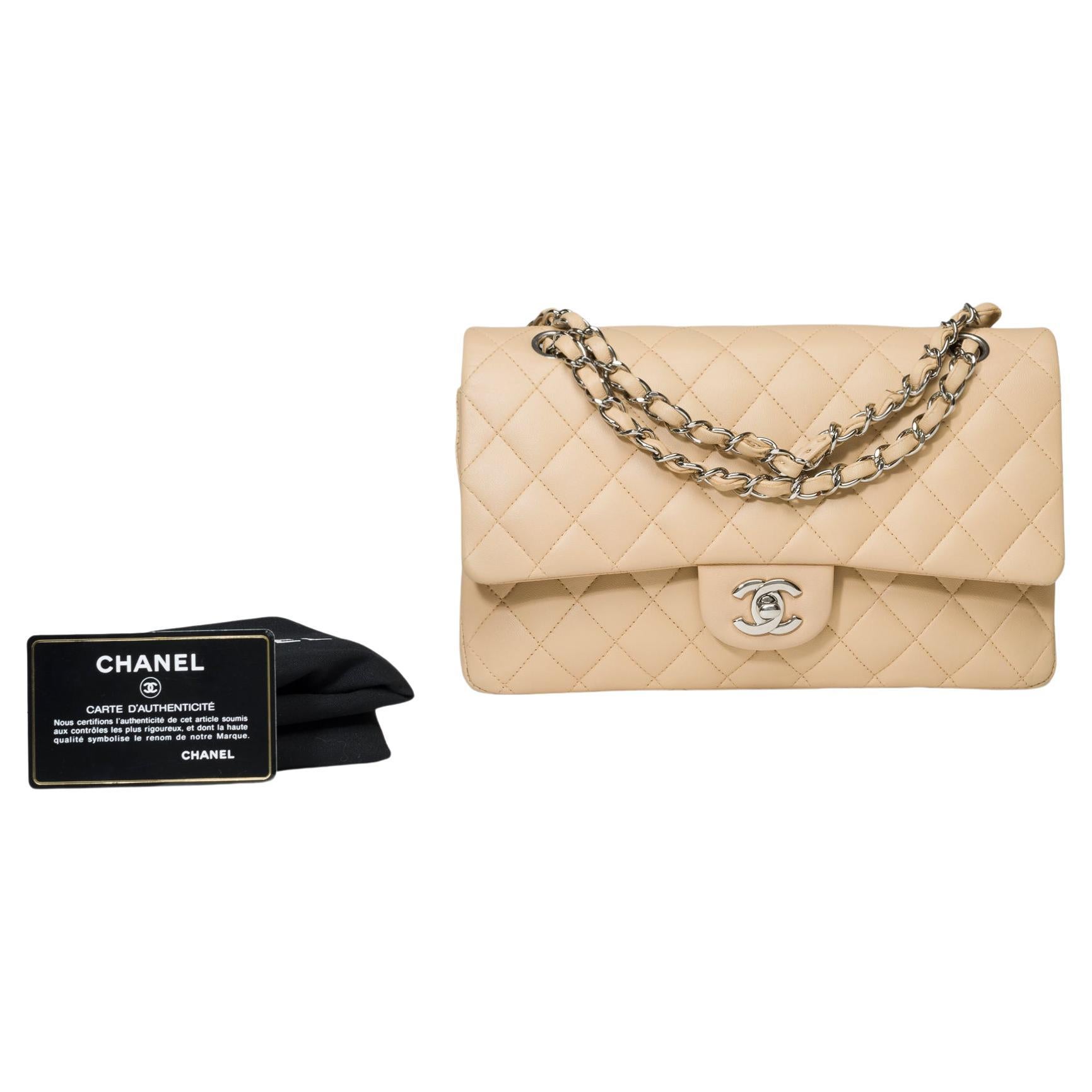 Chanel Timeless double flap shoulder bag in beige quilted lambskin leather, SHW For Sale