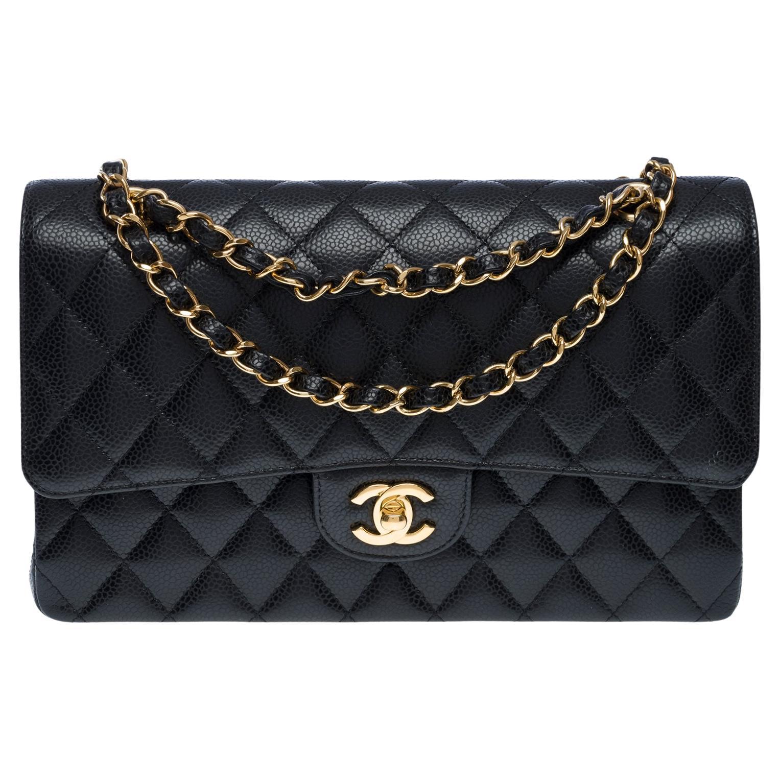 Chanel Timeless double flap shoulder bag in black Caviar quilted leather, GHW For Sale