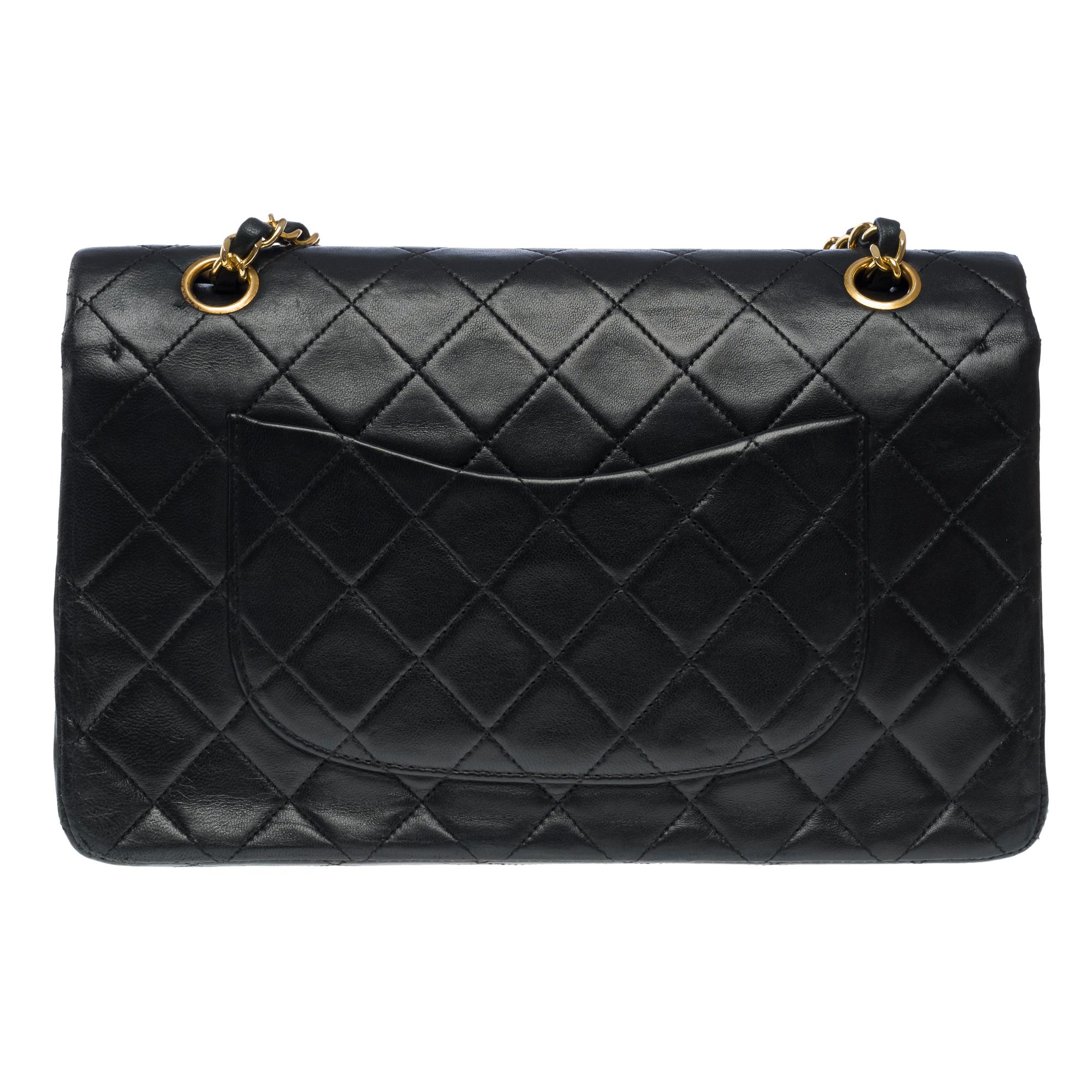 Women's Chanel Timeless double flap shoulder bag in black quilted lambskin leather, GHW For Sale