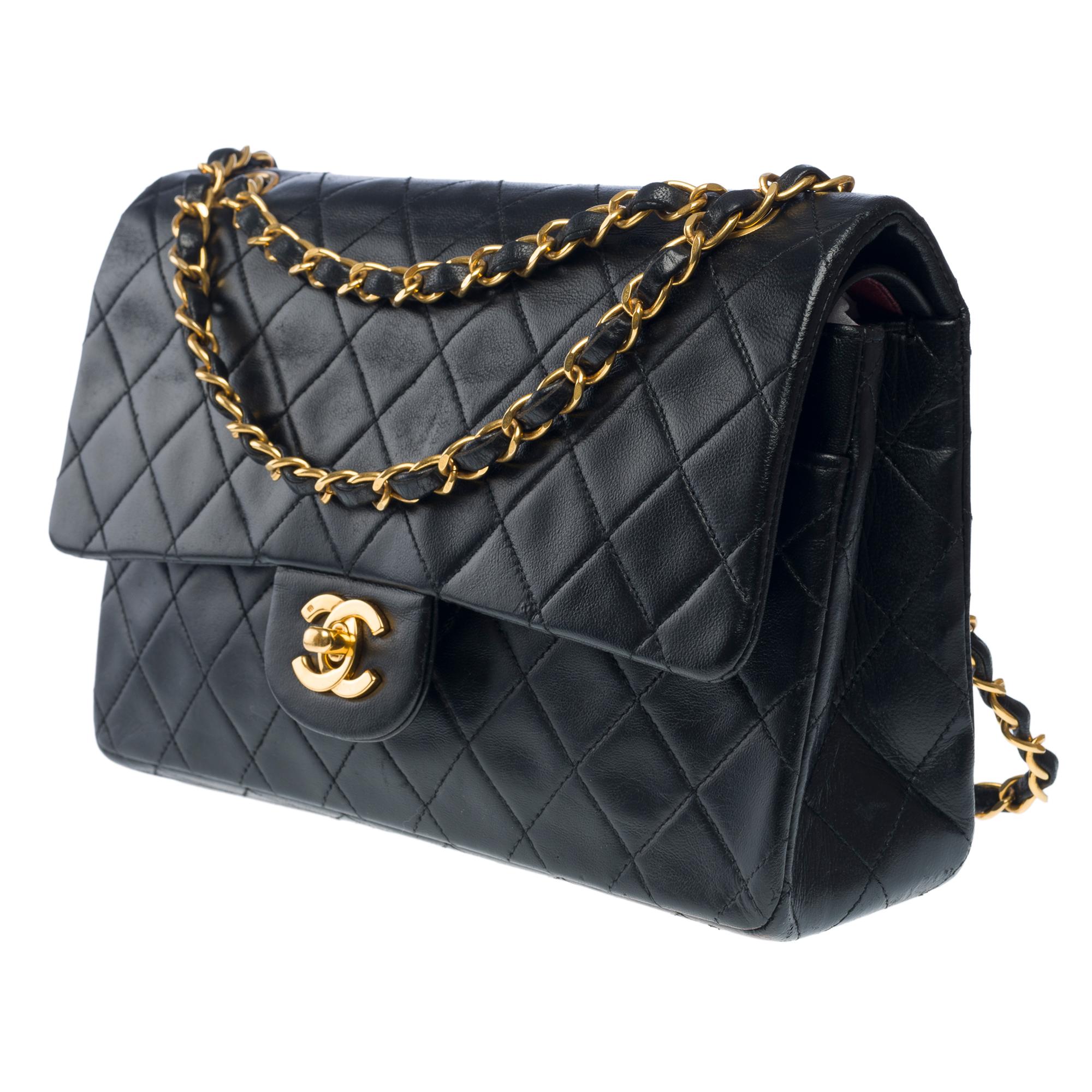 Women's Chanel Timeless double flap shoulder bag in black quilted lambskin leather, GHW For Sale