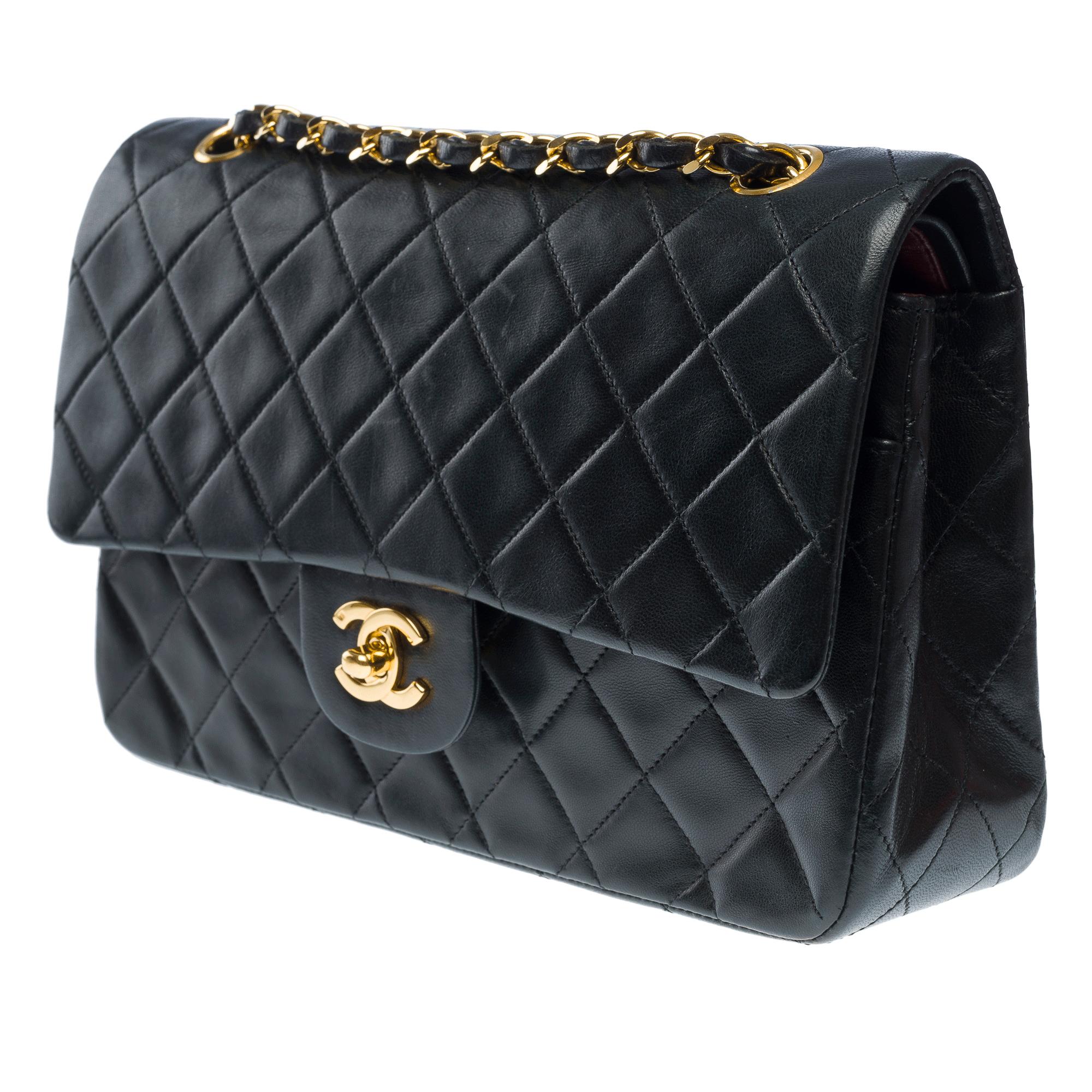 Women's Chanel Timeless double flap shoulder bag in Black quilted lambskin leather, GHW For Sale
