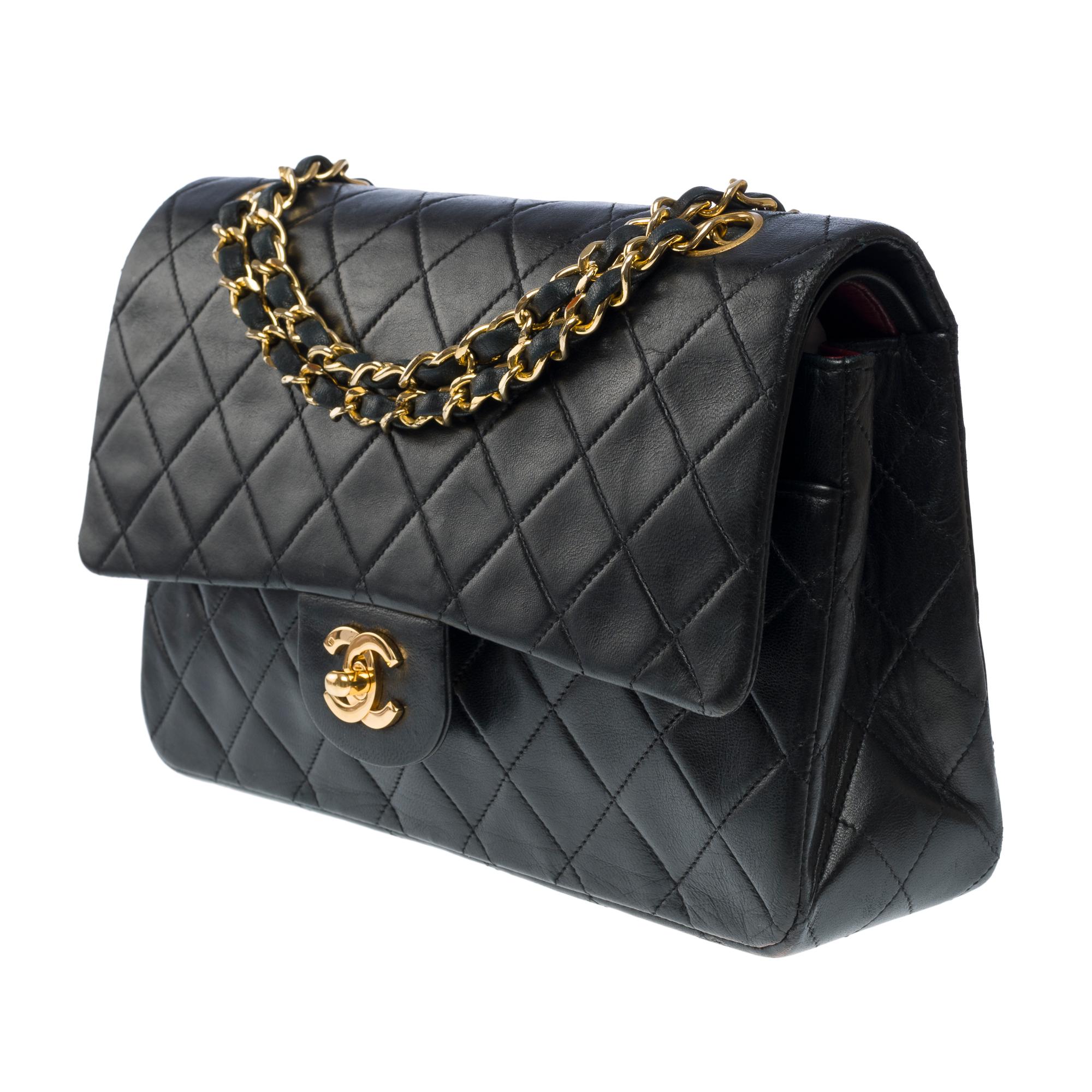 Chanel Timeless double flap shoulder bag in black quilted lambskin leather, GHW For Sale 1