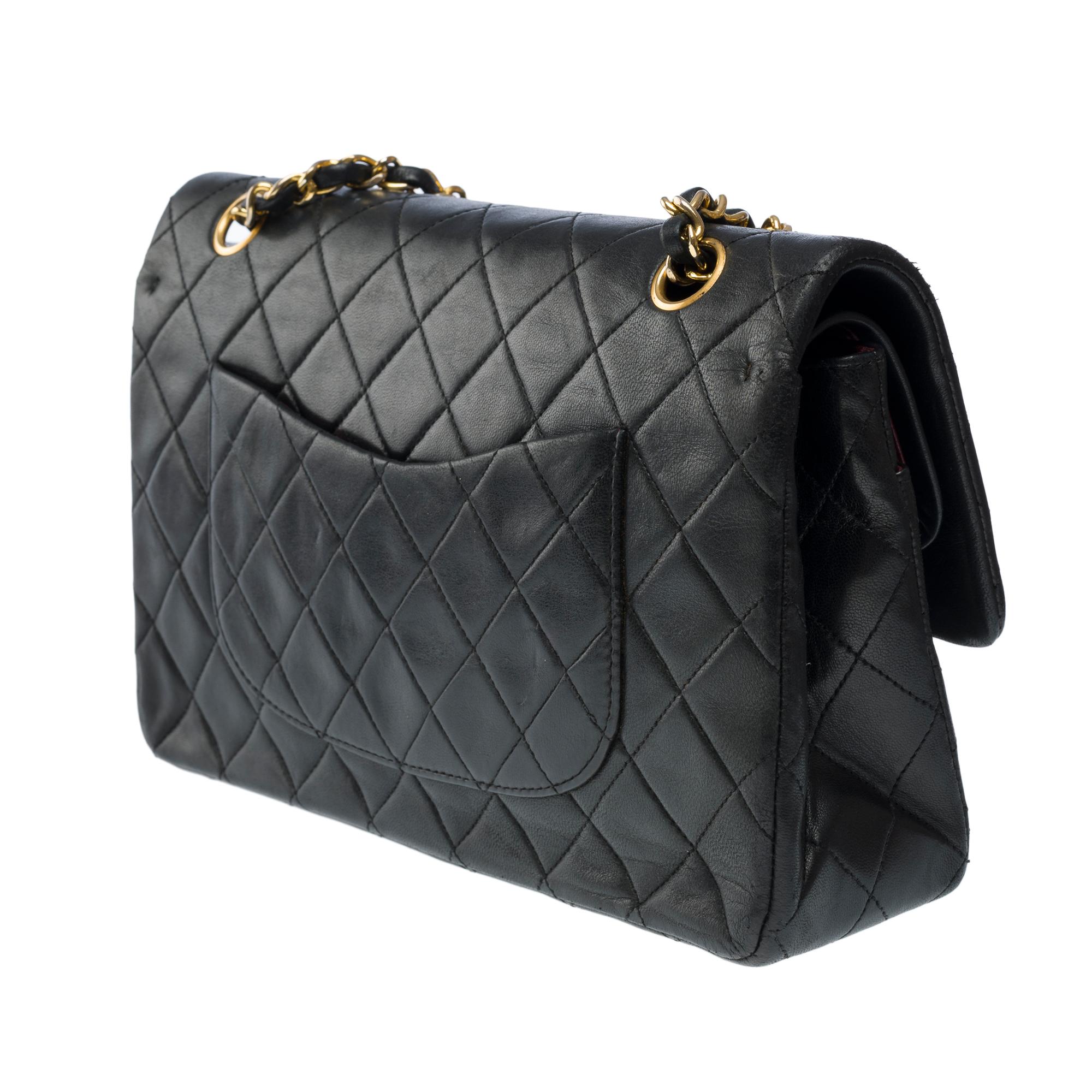 Chanel Timeless double flap shoulder bag in black quilted lambskin leather, GHW For Sale 1