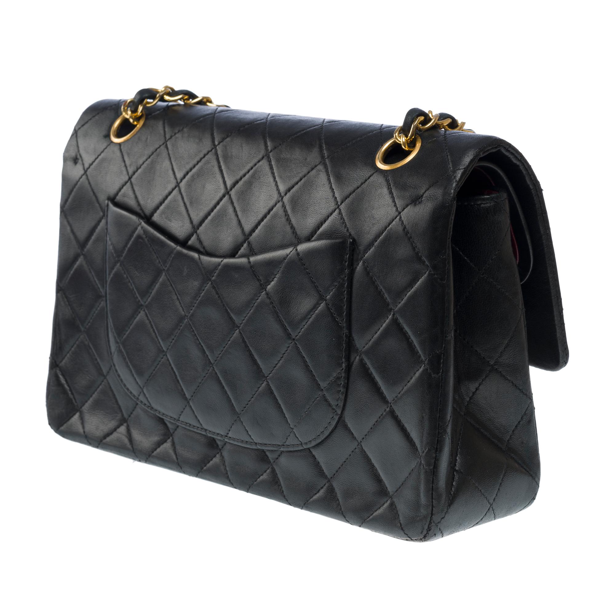 Chanel Timeless double flap shoulder bag in black quilted lambskin leather, GHW For Sale 2