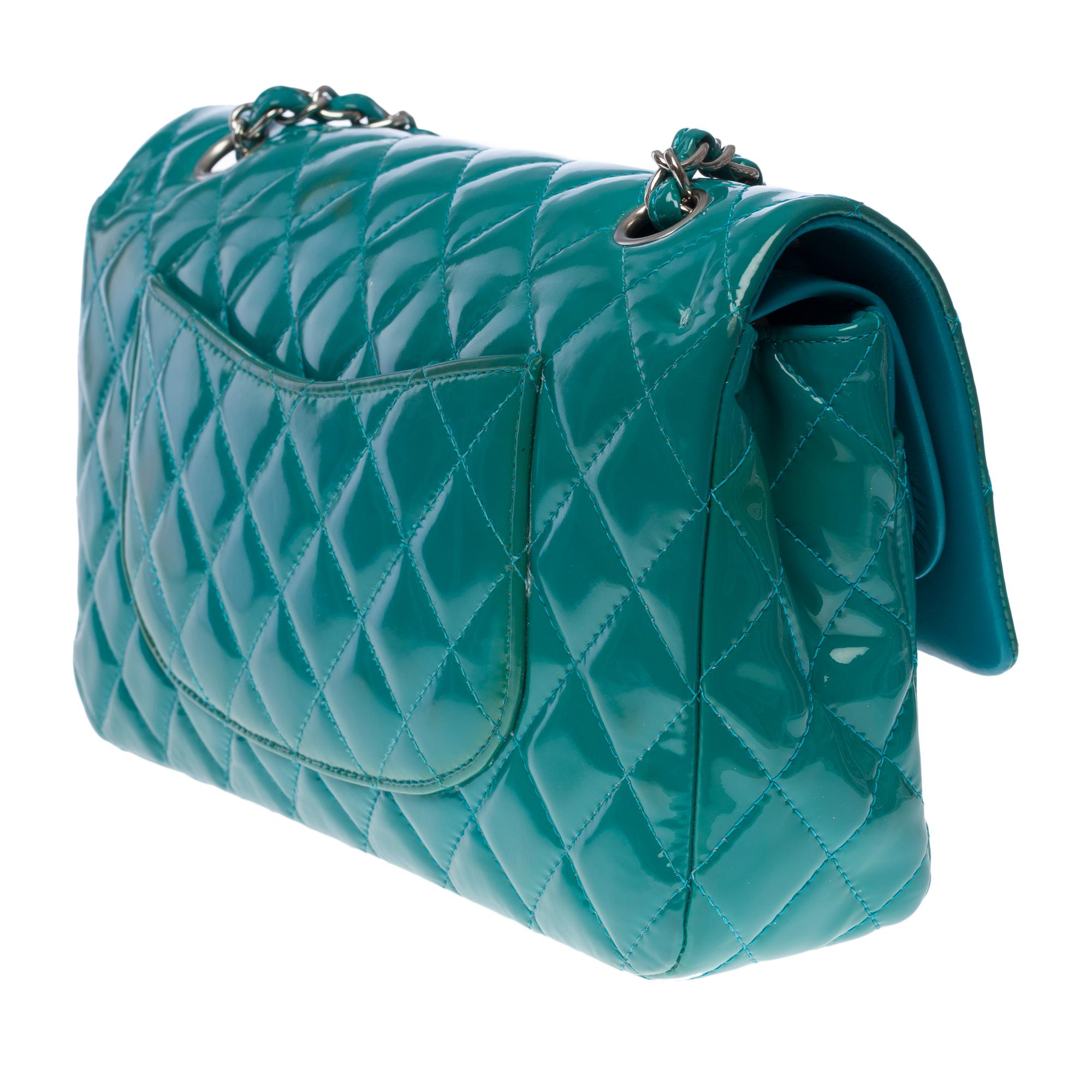 Chanel Timeless double flap shoulder bag in Blue quilted patent leather, SHW For Sale 1