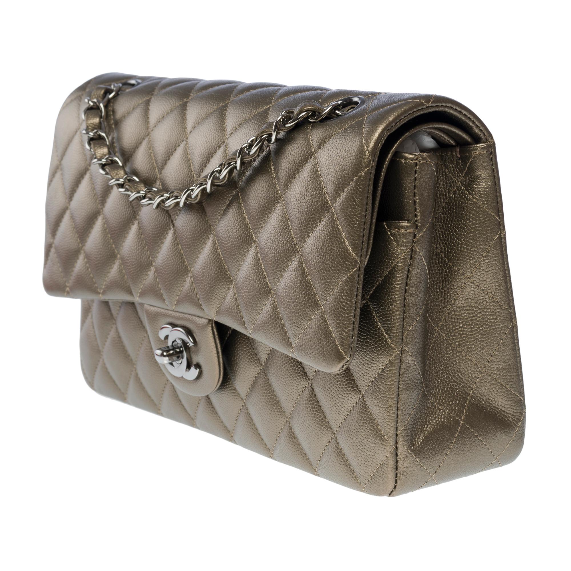 Chanel Timeless double flap shoulder bag in Bronze caviar quilted leather, SHW 1