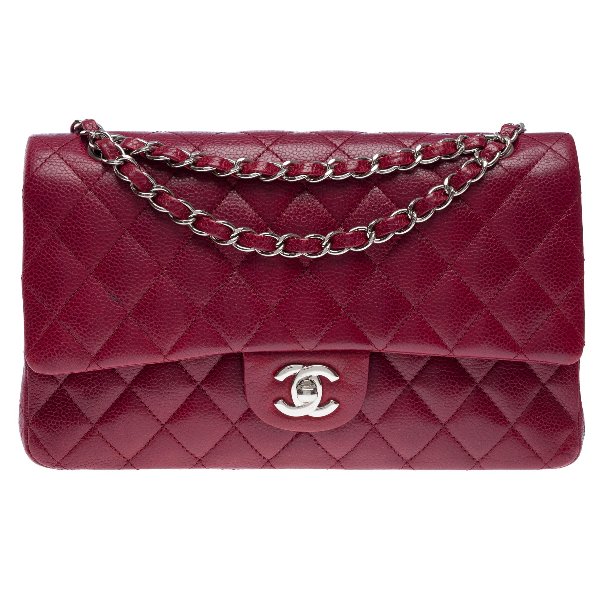 Chanel Timeless double flap shoulder bag in Burgundy Caviar Quilted leather, PHW In Excellent Condition In Paris, IDF