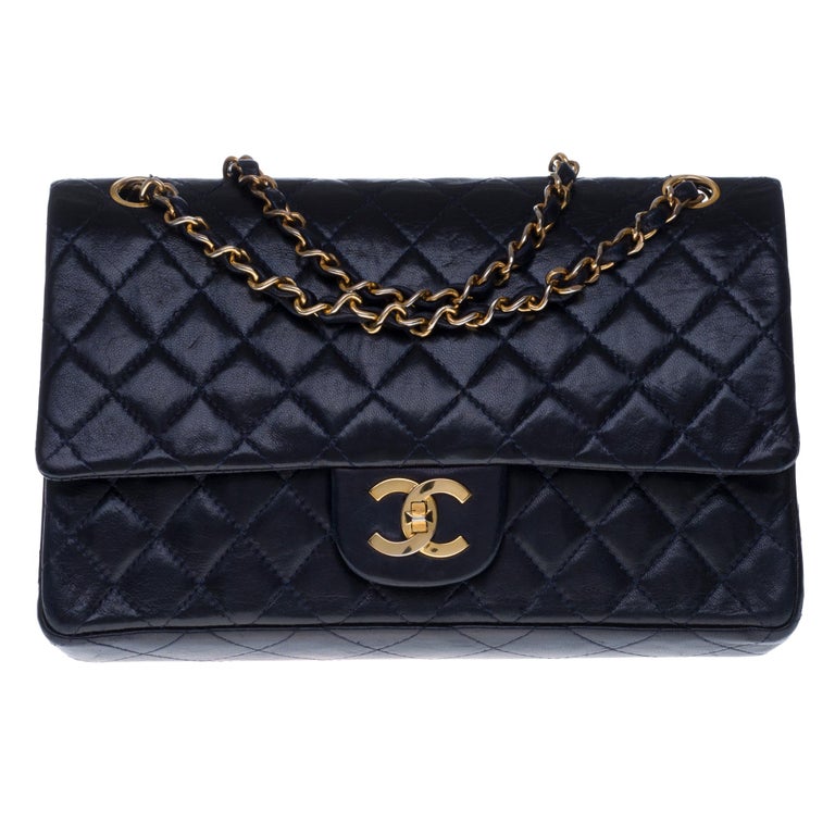 Chanel Timeless Double Flap Shoulder bag in navy blue quilted lambskin, GHW  at 1stDibs