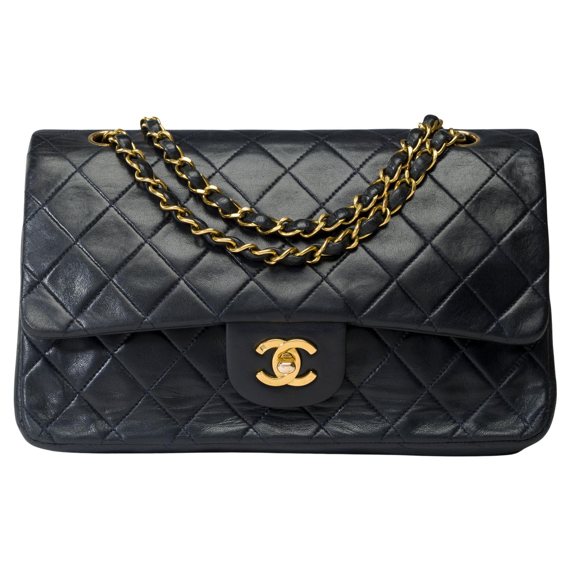 Chanel Timeless double flap shoulder bag in Navy Blue quilted lambskin , GHW For Sale