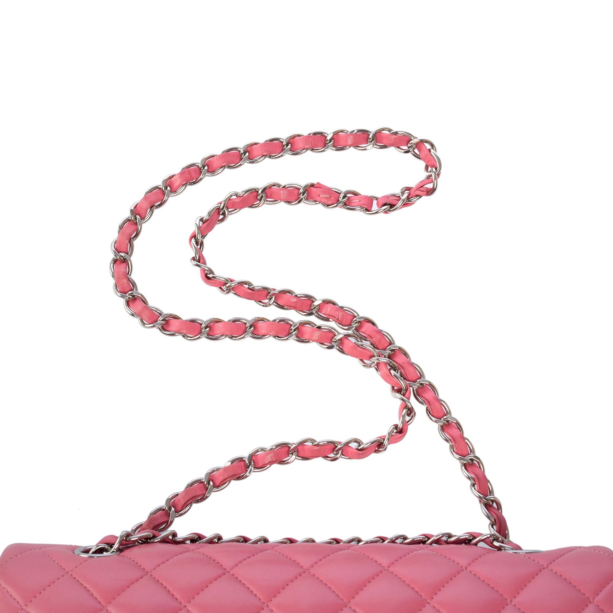 Chanel Timeless double flap shoulder bag in Pink quilted lambskin leather, SHW For Sale 6