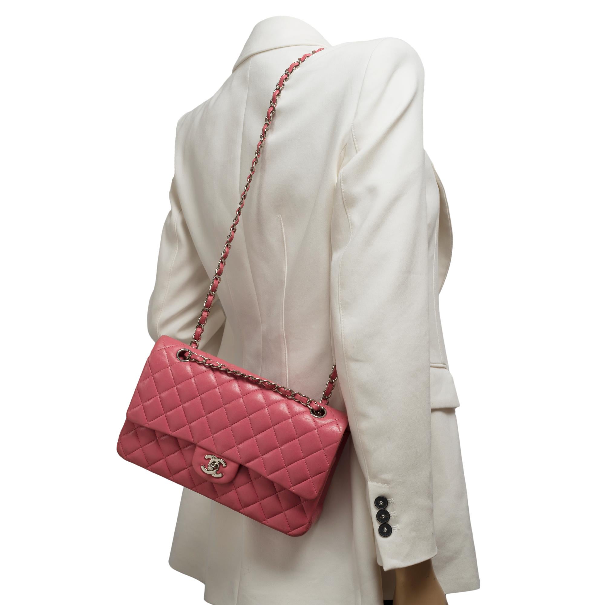 Chanel Timeless double flap shoulder bag in Pink quilted lambskin leather, SHW For Sale 9