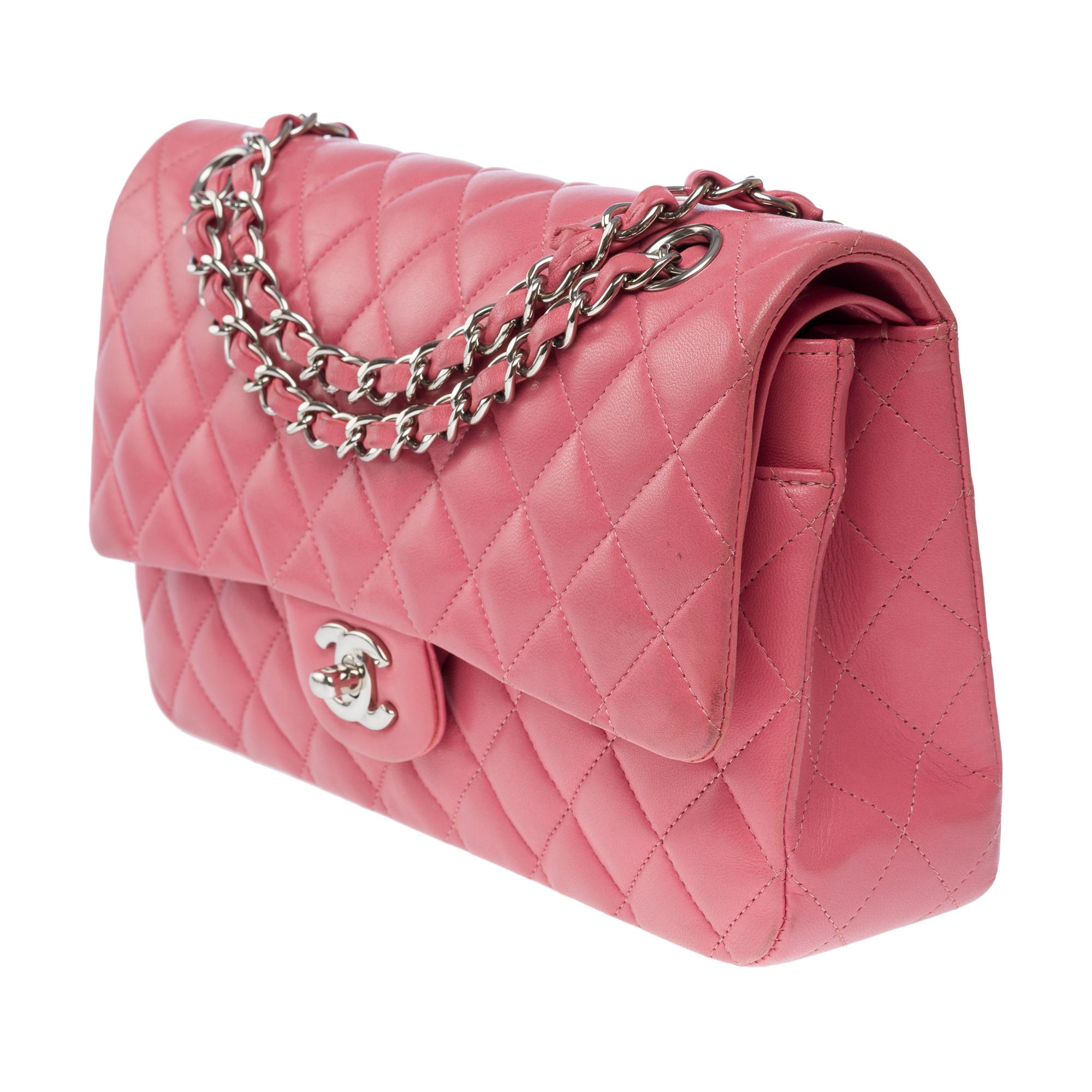 Chanel Timeless double flap shoulder bag in Pink quilted lambskin leather, SHW For Sale 1
