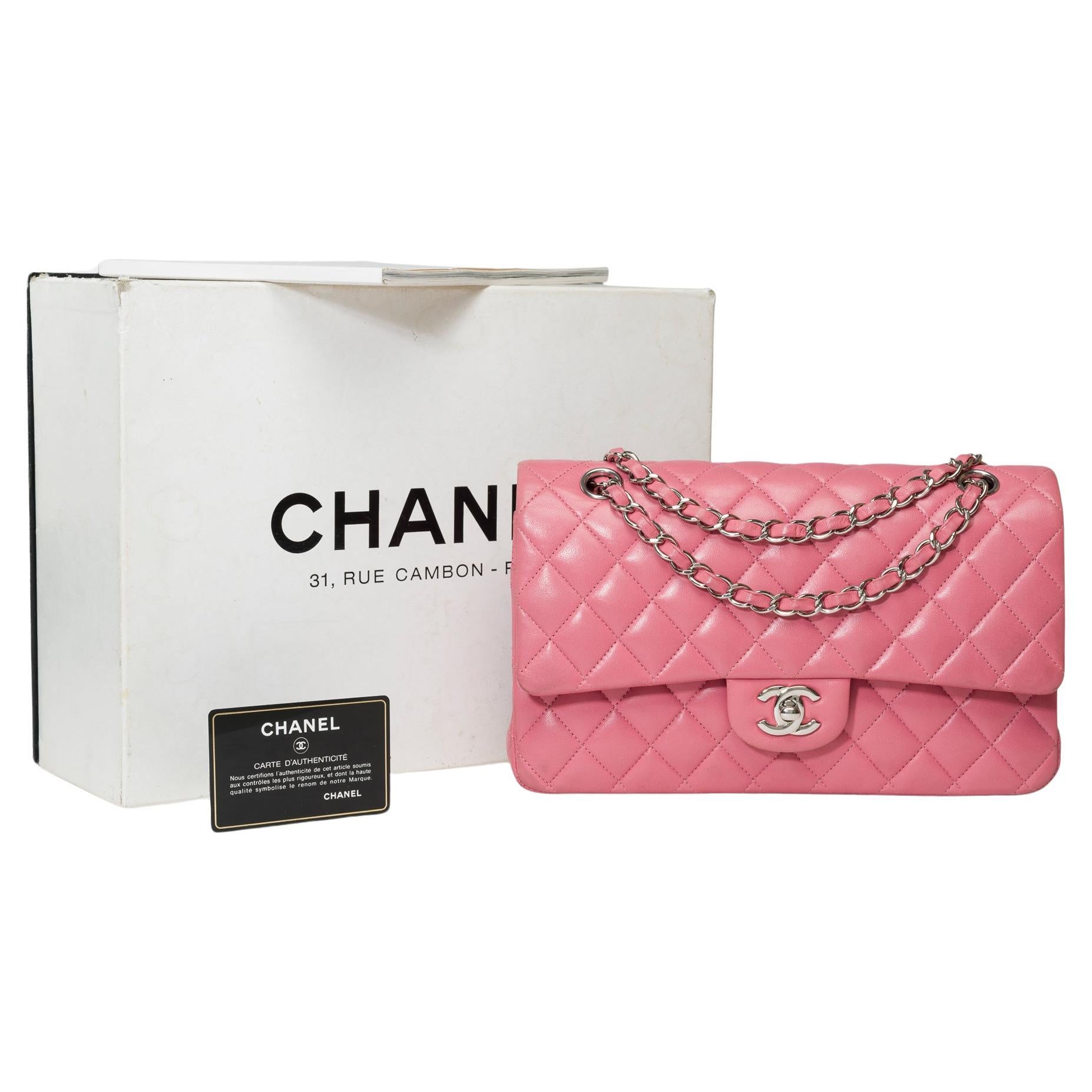 Chanel Timeless double flap shoulder bag in Pink quilted lambskin leather, SHW For Sale