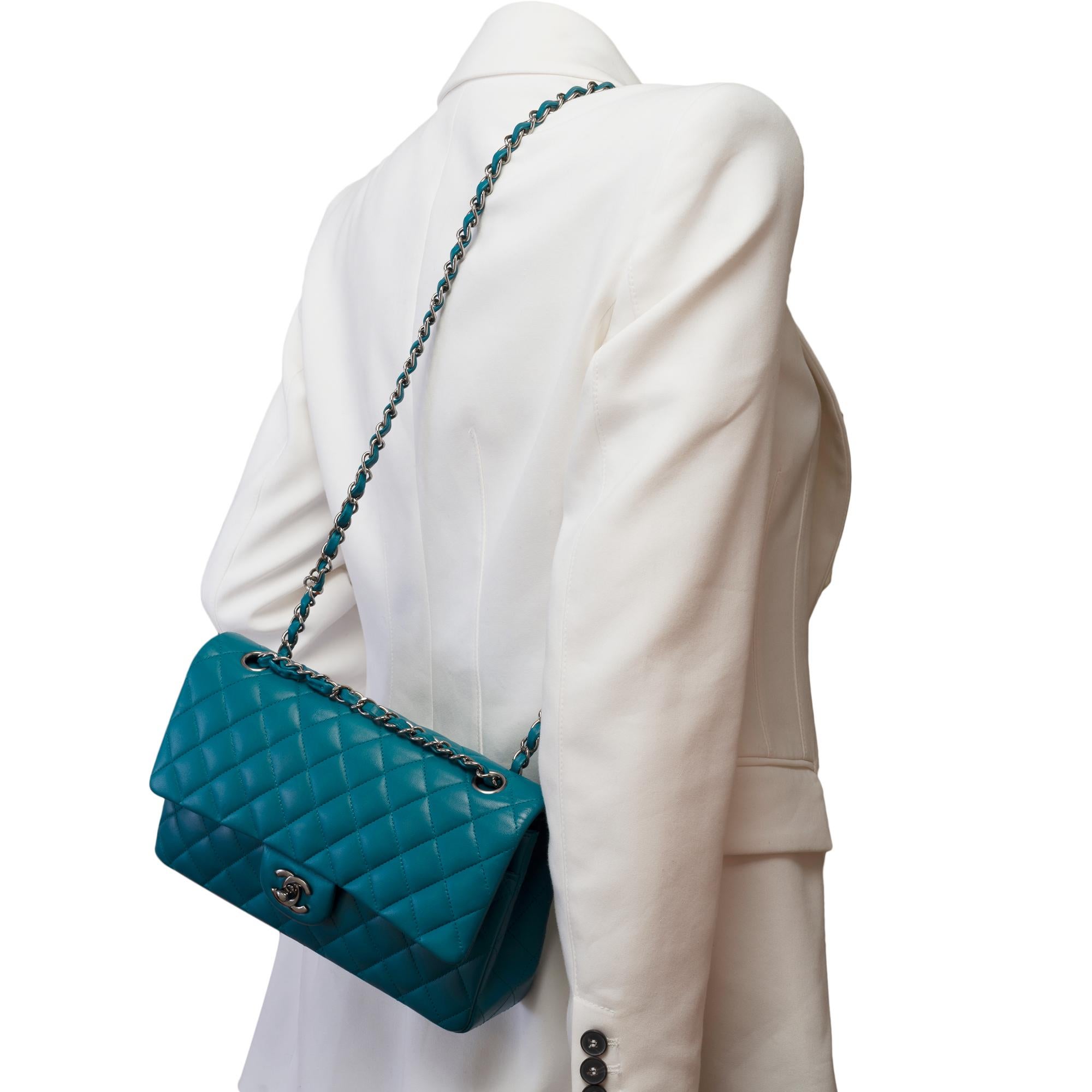 Chanel Timeless double flap shoulder bag in Turquoise quilted lamb leather, BSHW For Sale 9