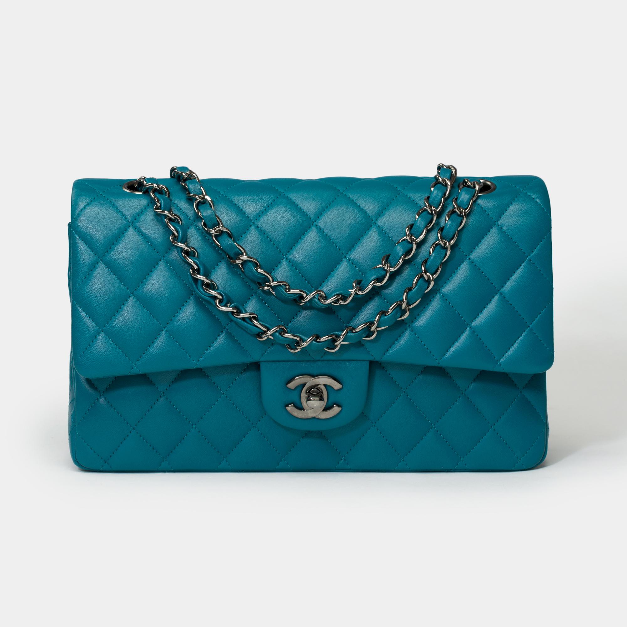 Exceptional​​ ​​&​​ ​​Rare​​ ​​Chanel​​ ​​Timeless​​ ​​Medium​​ ​​25cm​​ ​​double​​ ​​flap​​ ​​shoulder​​ ​​bag​​ ​​in​​ ​Turquoise​​ ​​quilted​​ ​​lambskin​​ ​​leather,​​ ​​blackened​ ​silver​ ​metal​ ​trim,​​ ​​a​​ ​​chain​​ ​​handle​​ ​​in​​