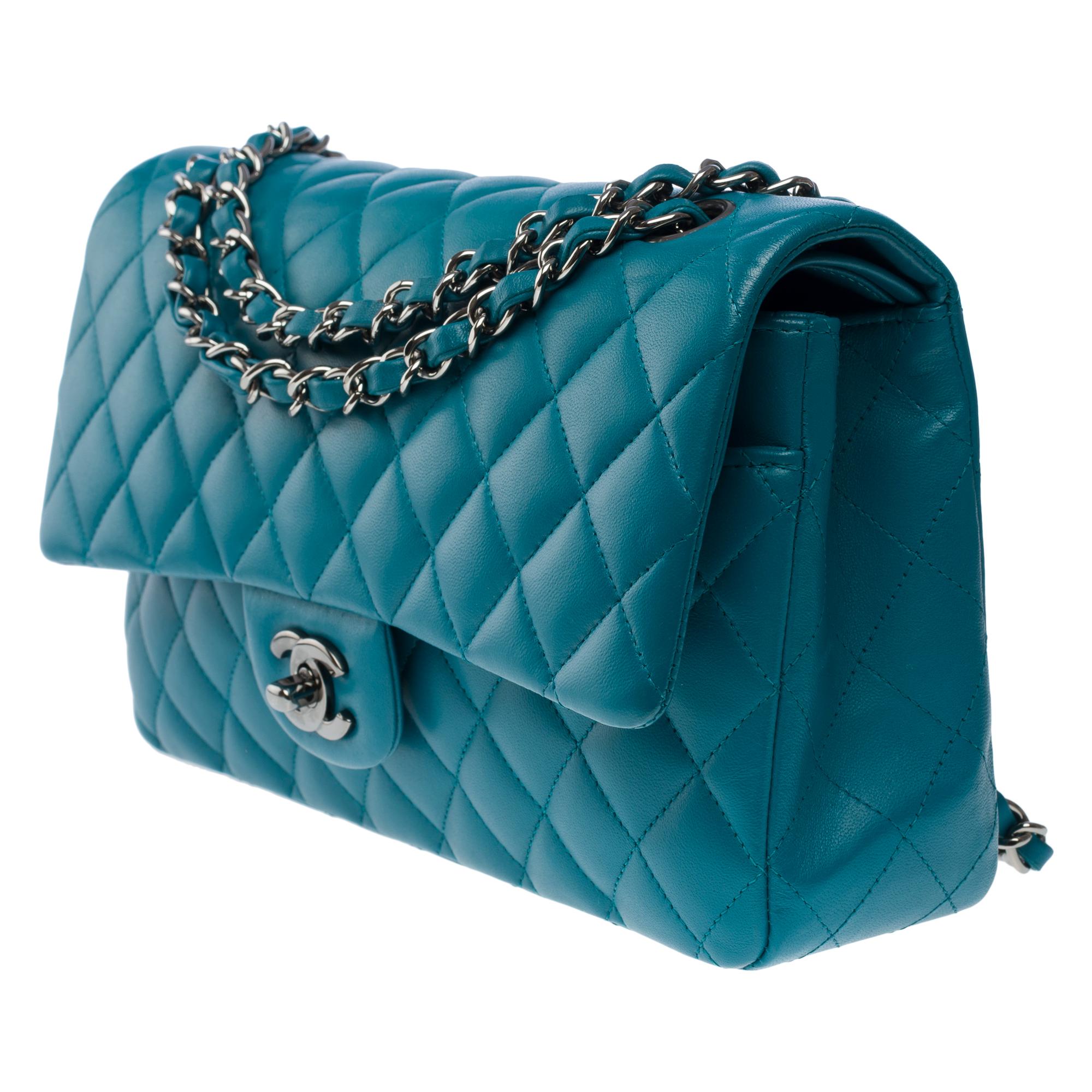 Chanel Timeless double flap shoulder bag in Turquoise quilted lamb leather, BSHW For Sale 1