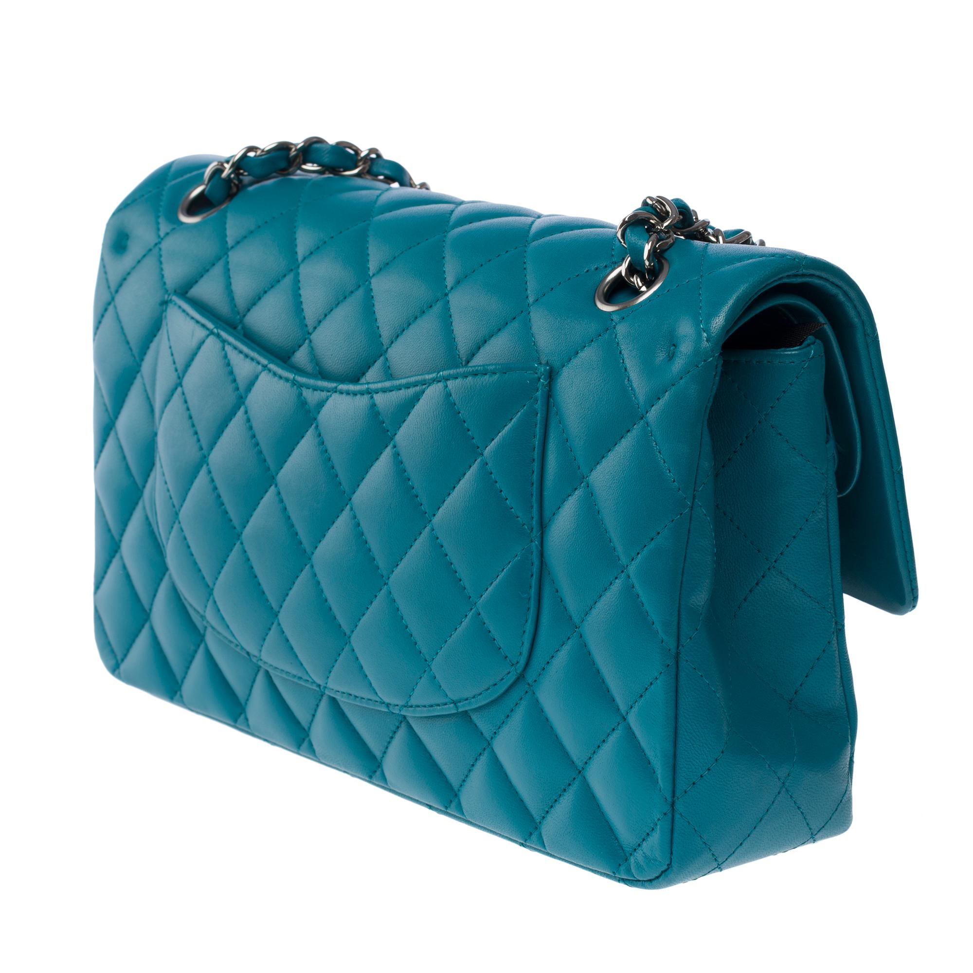 Chanel Timeless double flap shoulder bag in Turquoise quilted lamb leather, BSHW For Sale 2
