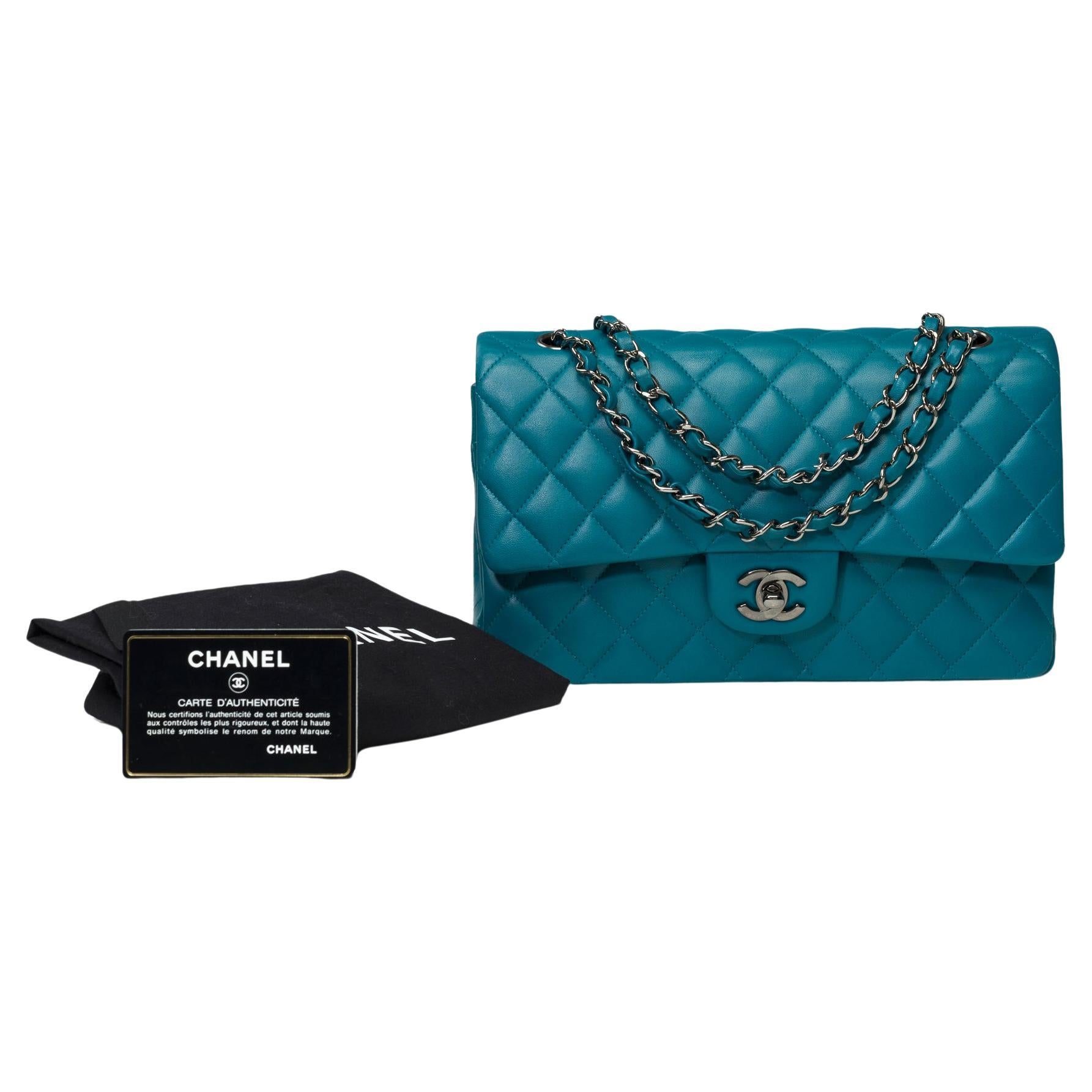 Chanel Timeless double flap shoulder bag in Turquoise quilted lamb leather, BSHW For Sale
