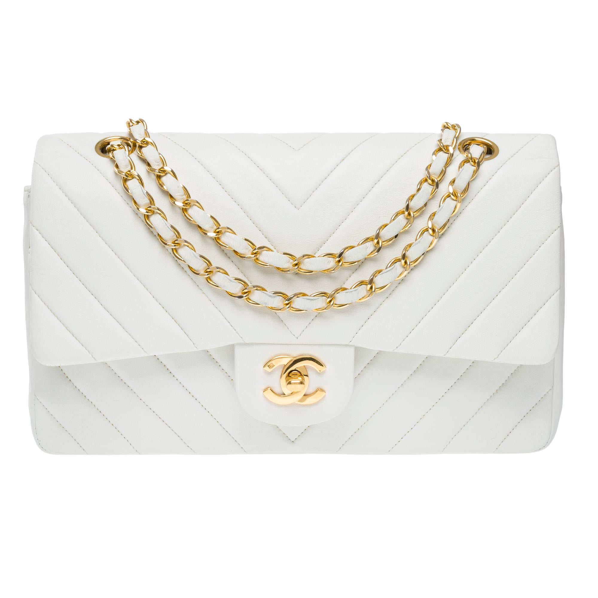 Gray Chanel Timeless double flap shoulder bag in white herringbone quilted lamb, GHW
