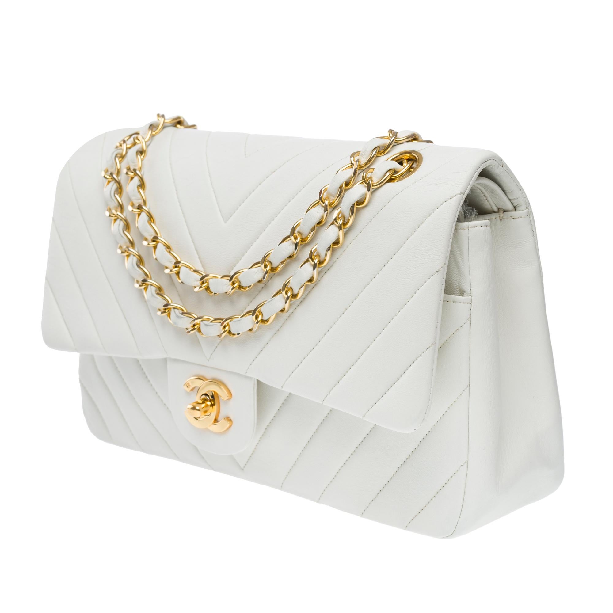Women's Chanel Timeless double flap shoulder bag in white herringbone quilted lamb, GHW
