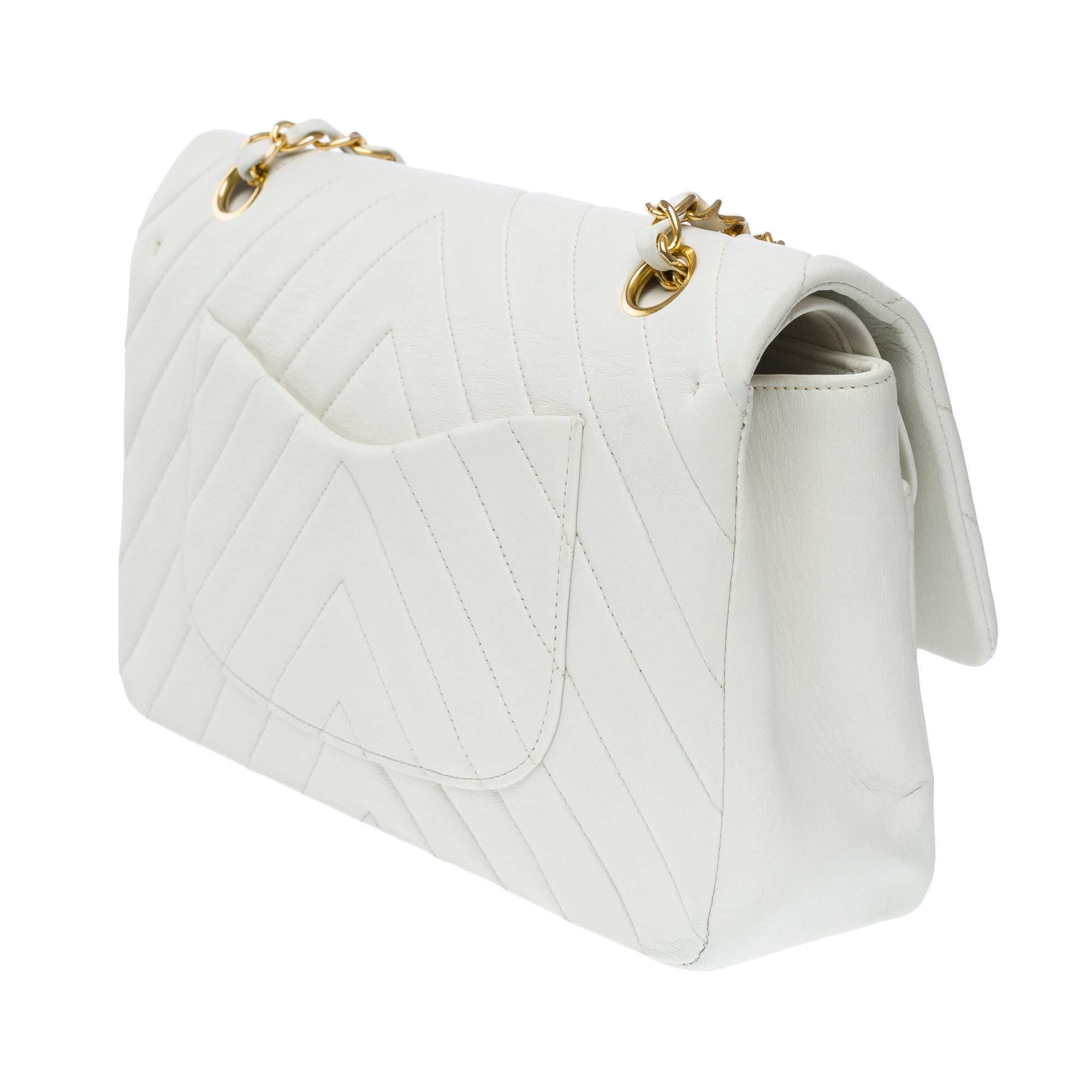 Chanel Timeless double flap shoulder bag in white herringbone quilted lamb, GHW 1