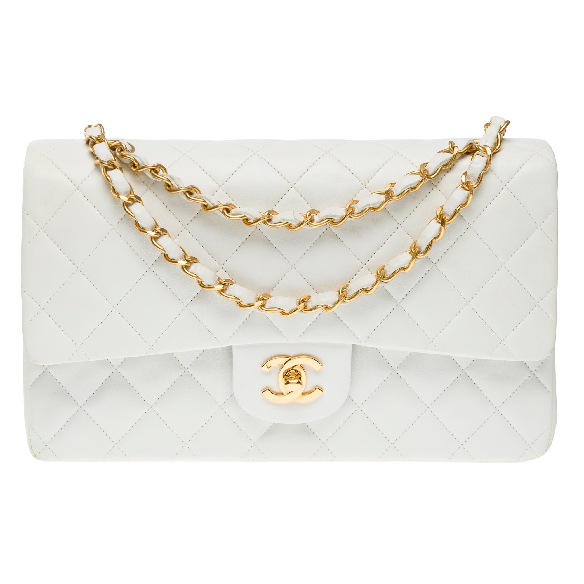 Gray Chanel Timeless Double flap shoulder bag in White Quilted Lambskin leather, GHW