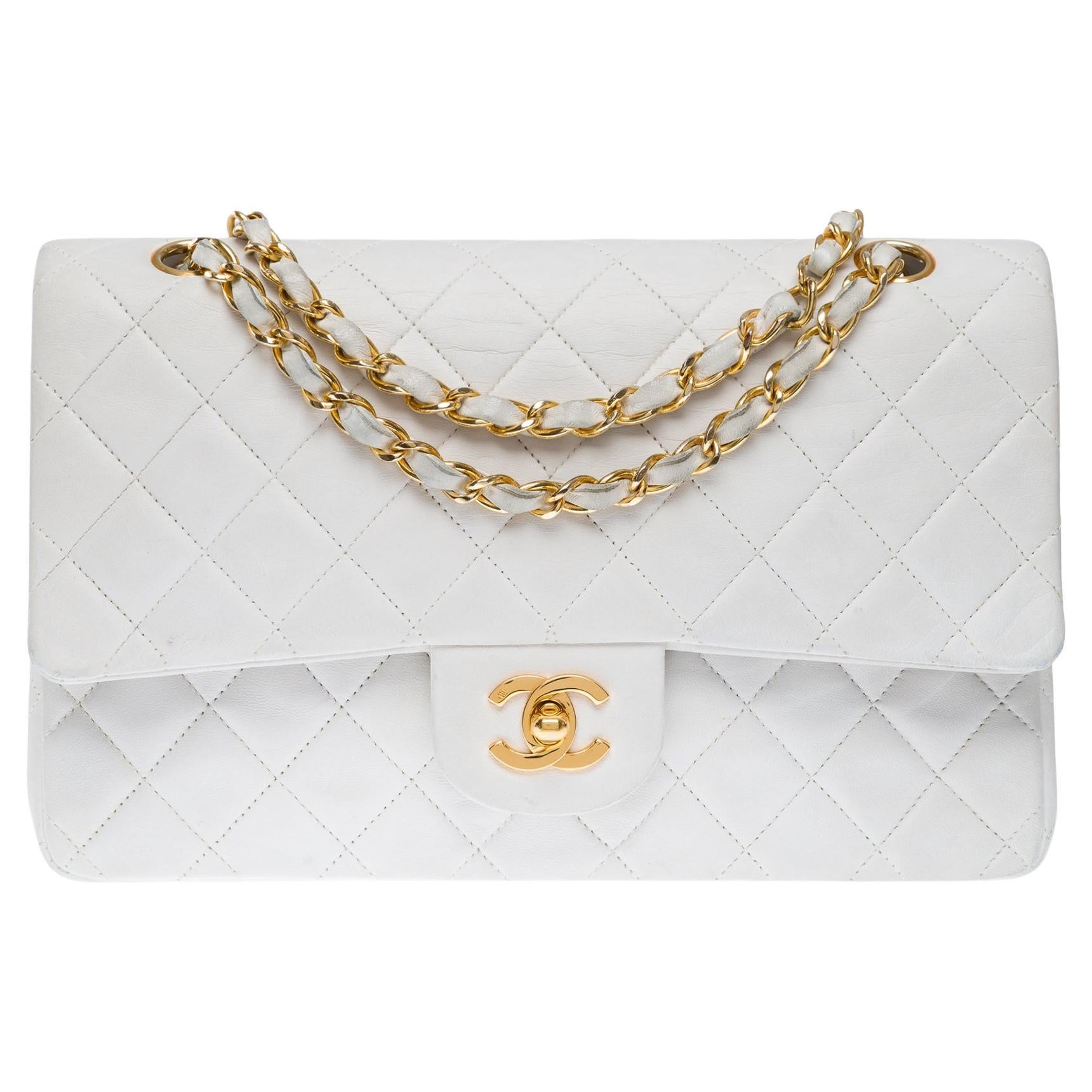 Chanel Timeless Double flap shoulder bag in White Quilted Lambskin leather, GHW For Sale