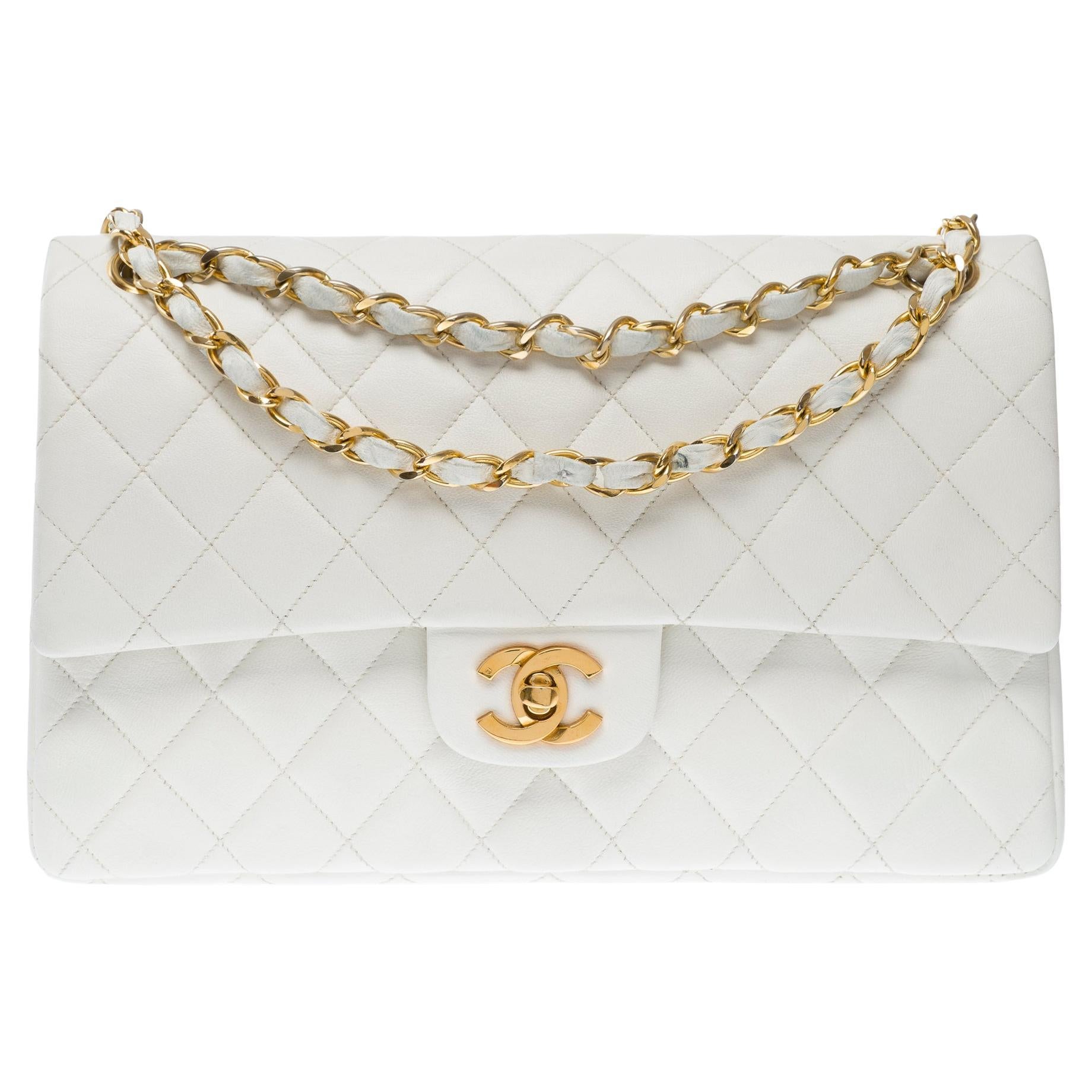 Chanel Timeless Double flap shoulder bag in White Quilted Lambskin leather, GHW For Sale