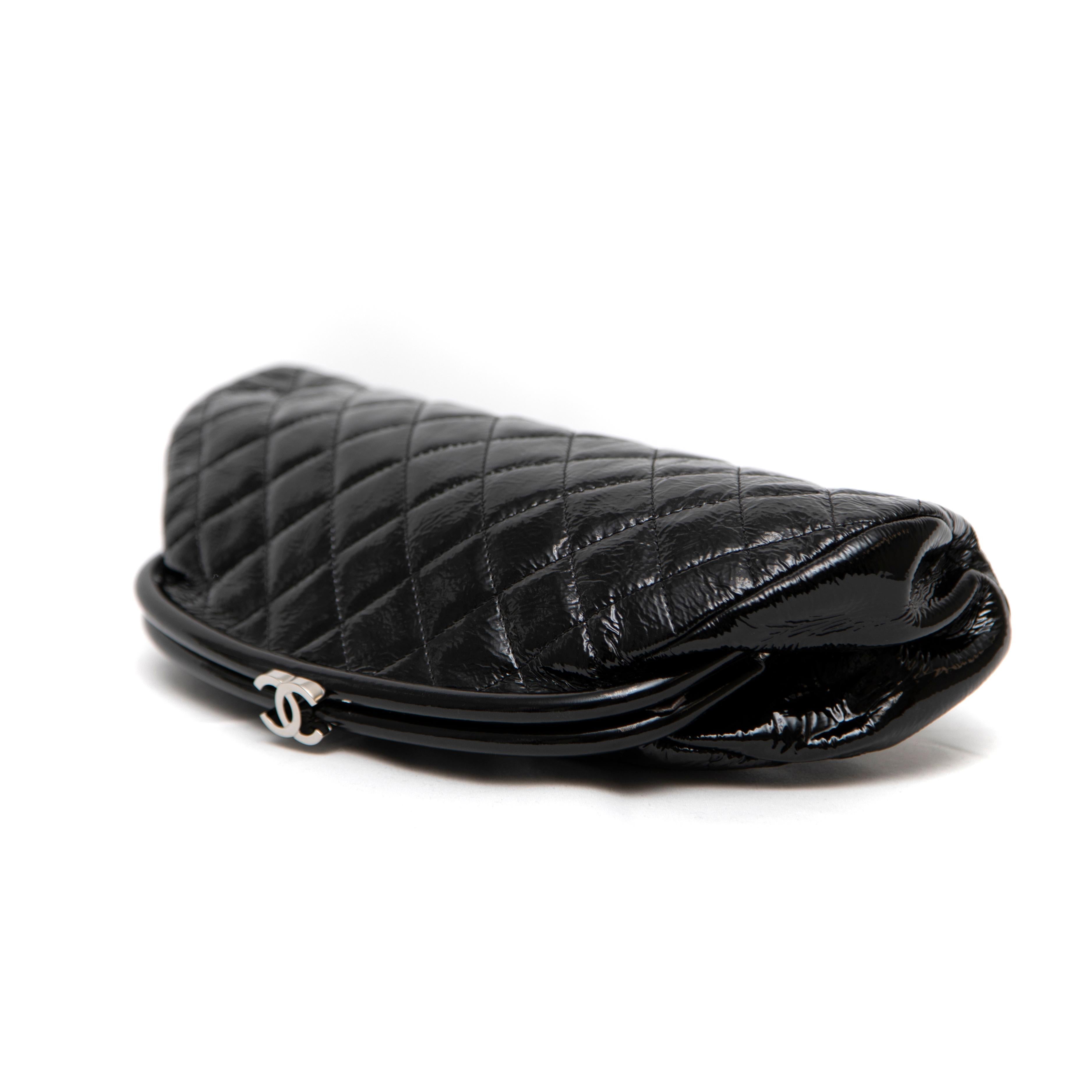 Chanel Timeless Frame Black Patent Leather Clutch In Good Condition In West Hartford, CT