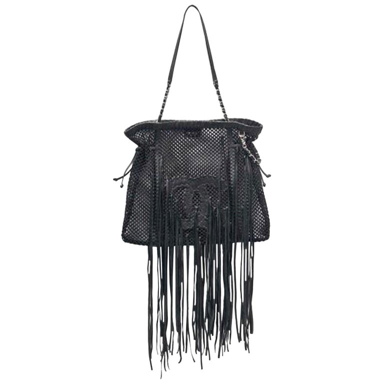 Chanel Timeless Fringe Large Mesh Black Leather Tote For Sale at 1stDibs