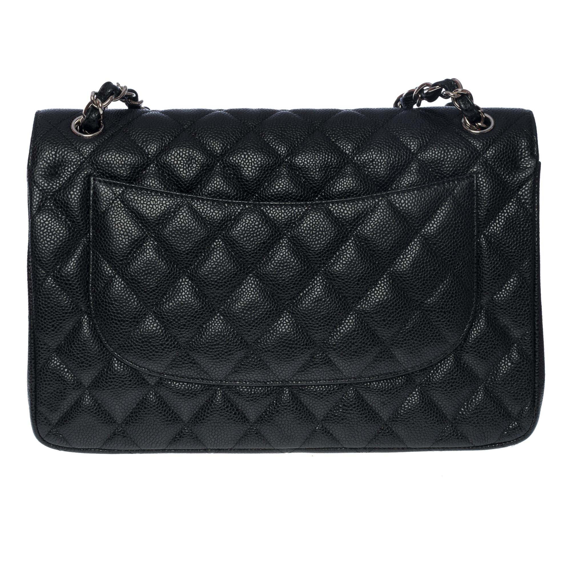 Black Chanel Timeless Jumbo double flap bag in black quilted caviar leather, SHW For Sale