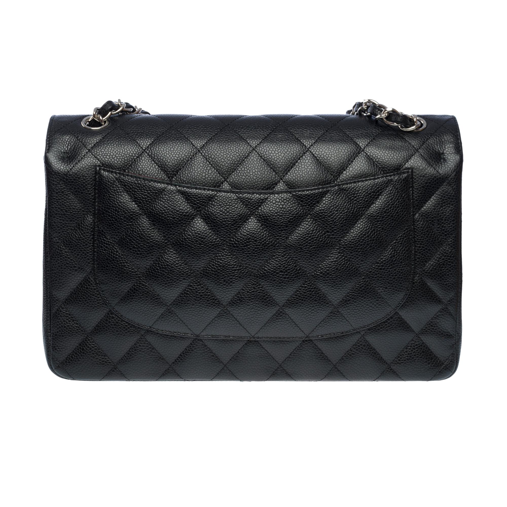Chanel Timeless Jumbo double flap bag in black quilted caviar leather, SHW In Excellent Condition In Paris, IDF