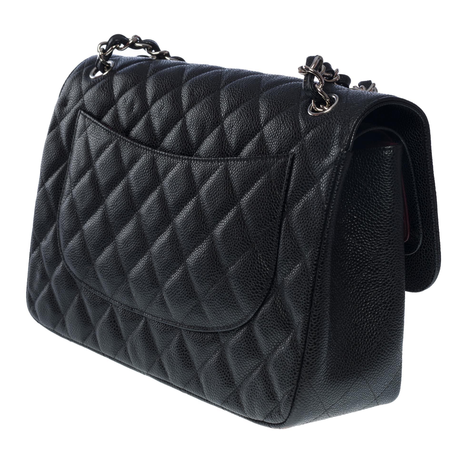 Women's Chanel Timeless Jumbo double flap bag in black quilted caviar leather, SHW For Sale