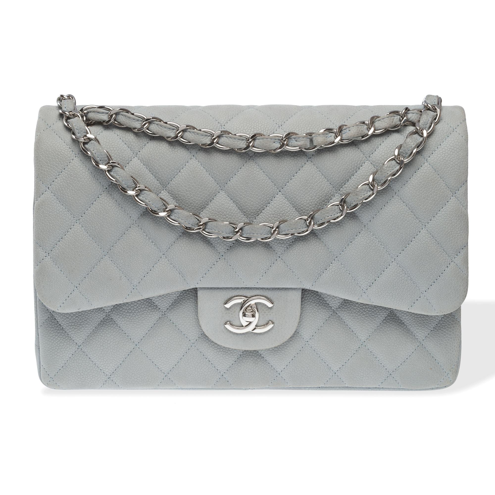 Majestic​ ​Chanel​ ​Timeless​ ​Jumbo​ ​double​ ​flap​ ​shoulder​ ​bag​ ​in​ ​pale​ ​blue​ ​caviar​ ​leather,​ ​silver-tone​ ​metal​ ​trim,​ ​intertwined​ ​silver-tone​ ​metal​ ​chain​ ​handle​ ​with​ ​blue​ ​leather​ ​for​ ​hand,​ ​shoulder,​ ​or​